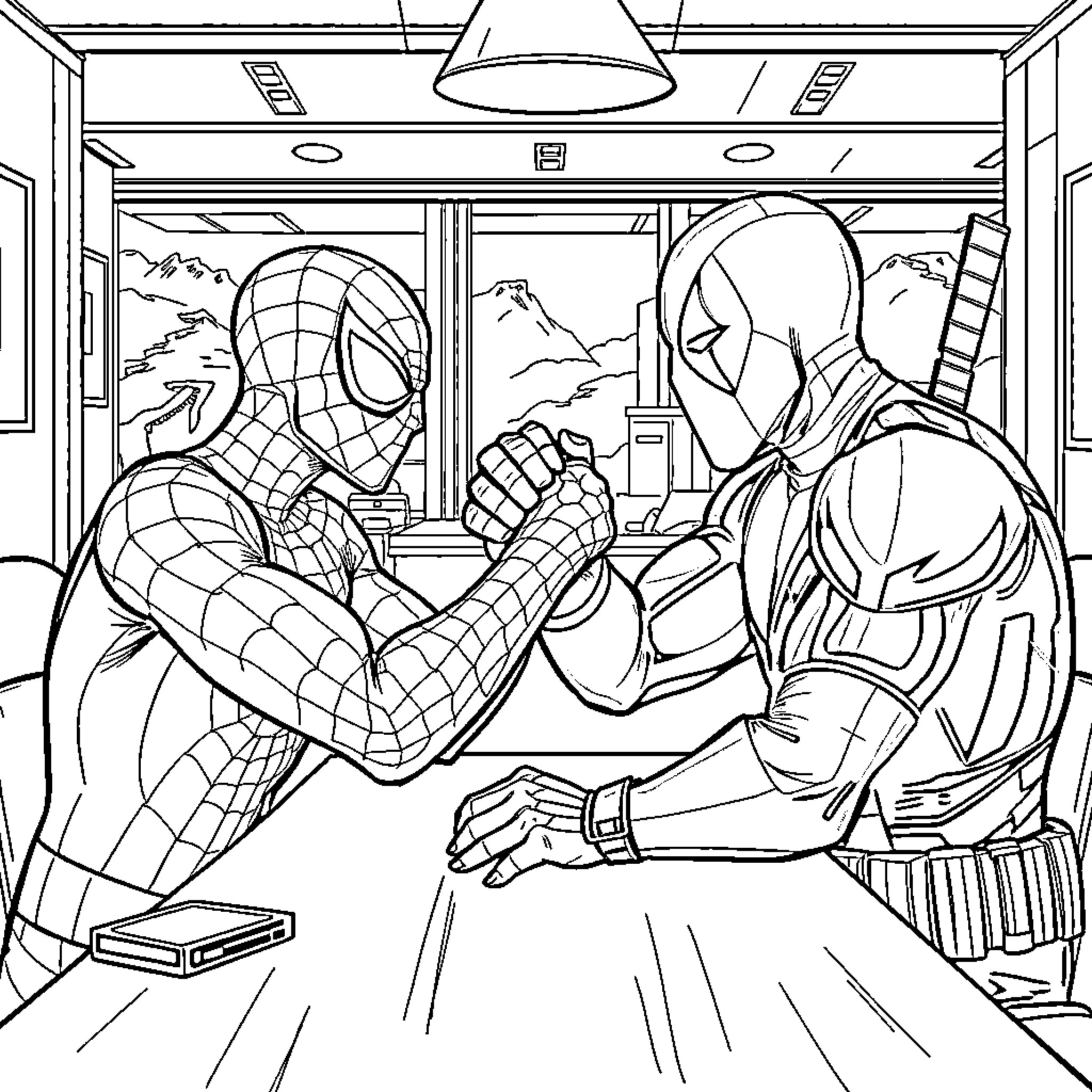 Spider-Man Facing Off Against Adversary in Confrontational Scene Coloring Page (free black-and-white line drawing printable PDF for all, from beginners to advanced learners, including children, teens, adults, and seniors)