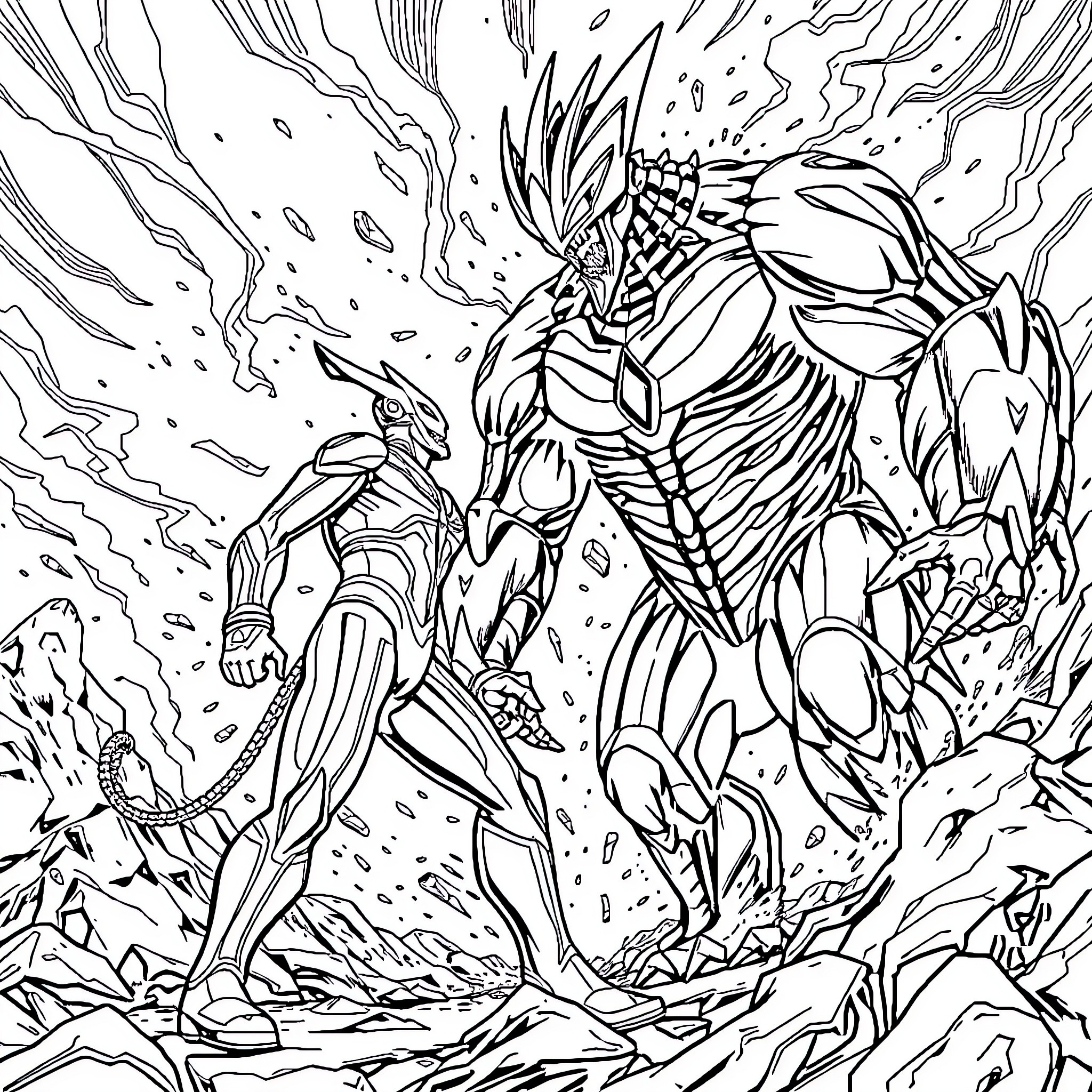 Monster engaging in fierce battle amidst chaos Coloring Page (free black-and-white line drawing printable PDF for all, from beginners to advanced learners, including children, teens, adults, and seniors)