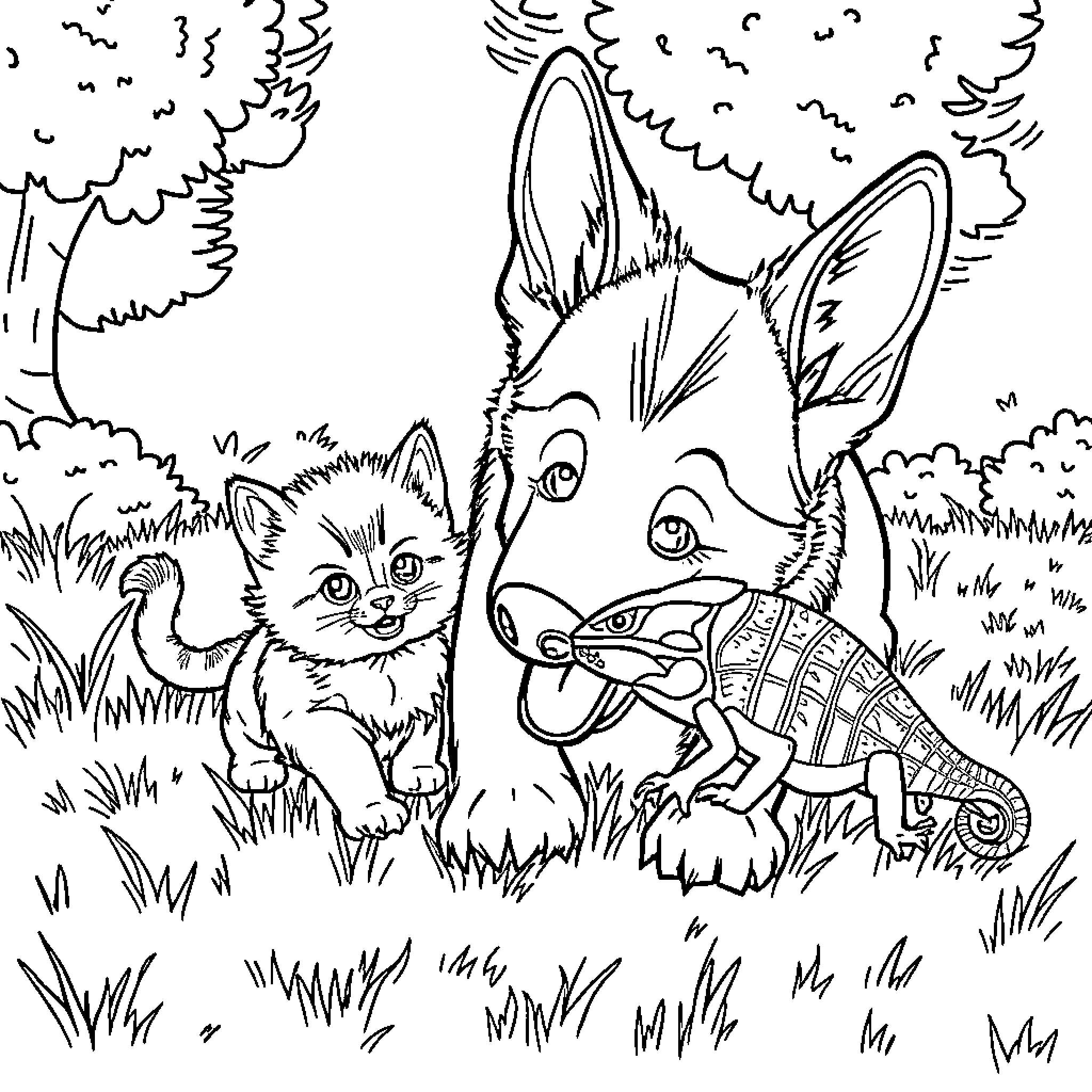 German Shepherd playing with curious kitten in nature Coloring Page (free black-and-white line drawing printable PDF for all, from beginners to advanced learners, including children, teens, adults, and seniors)