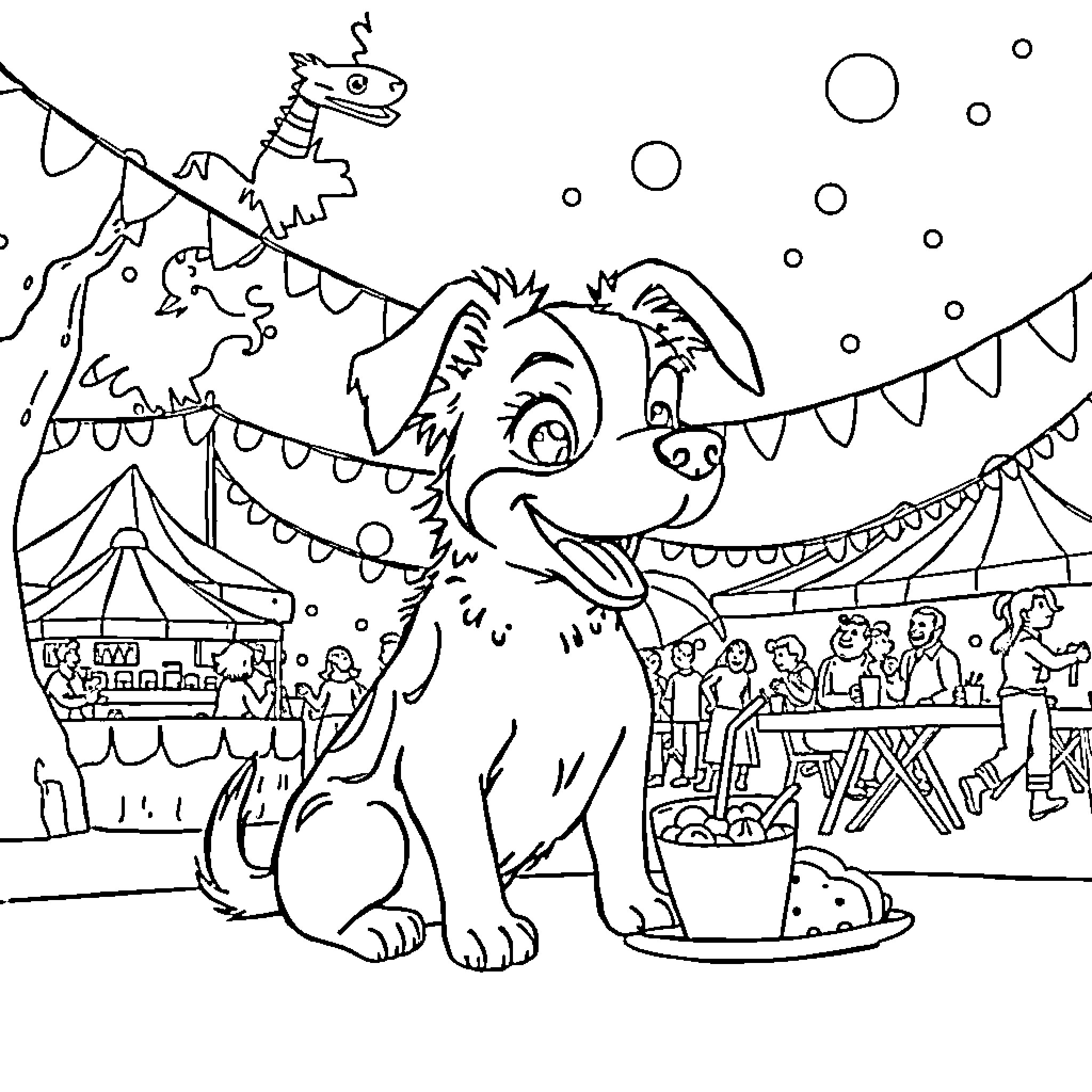 Paw Patrol Puppy at Carnival Celebration Coloring Page (free black-and-white line drawing printable PDF for all, from beginners to advanced learners, including children, teens, adults, and seniors)