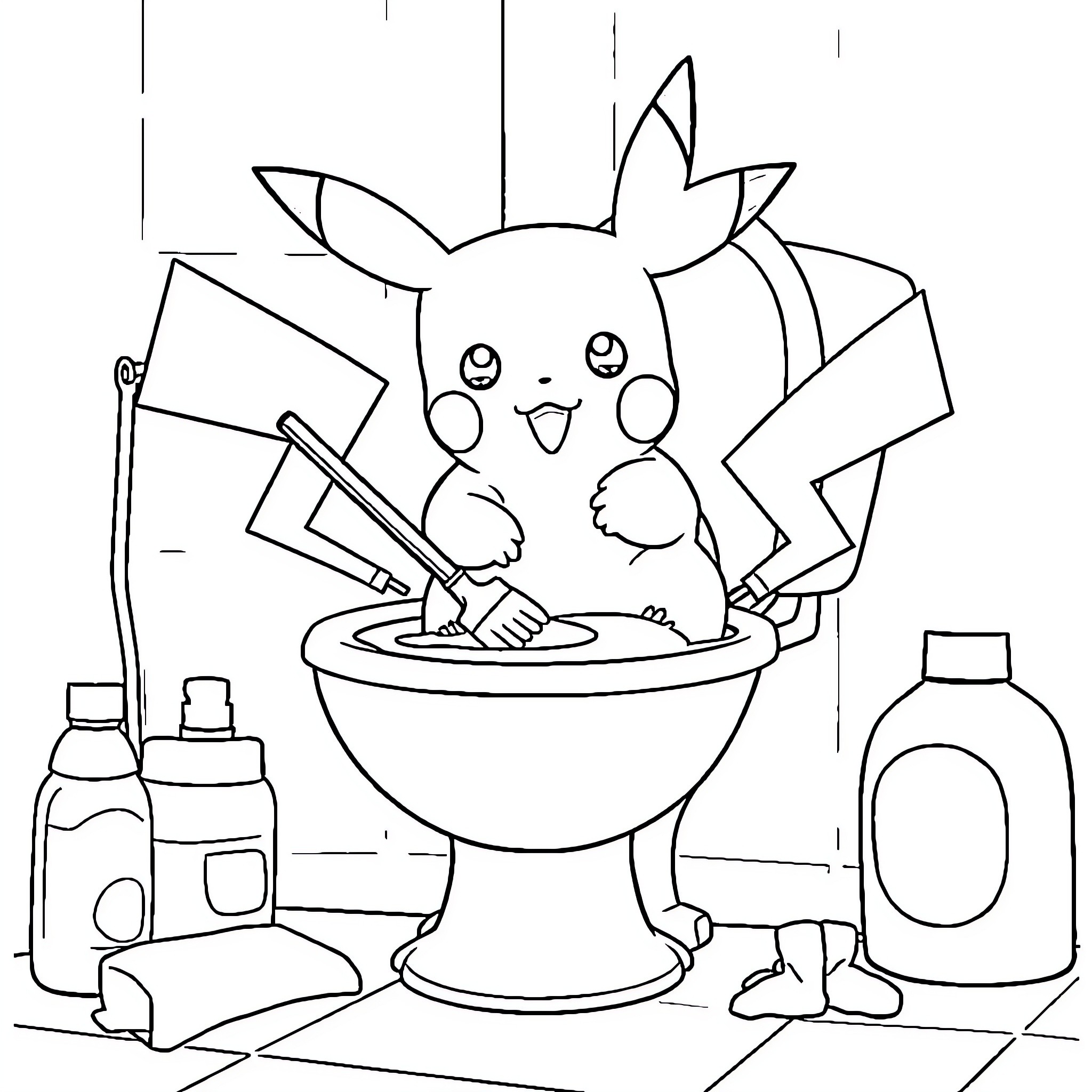 Pikachu enjoying a bubble bath with cleaning supplies Coloring Page (free black-and-white line drawing printable PDF for all, from beginners to advanced learners, including children, teens, adults, and seniors)