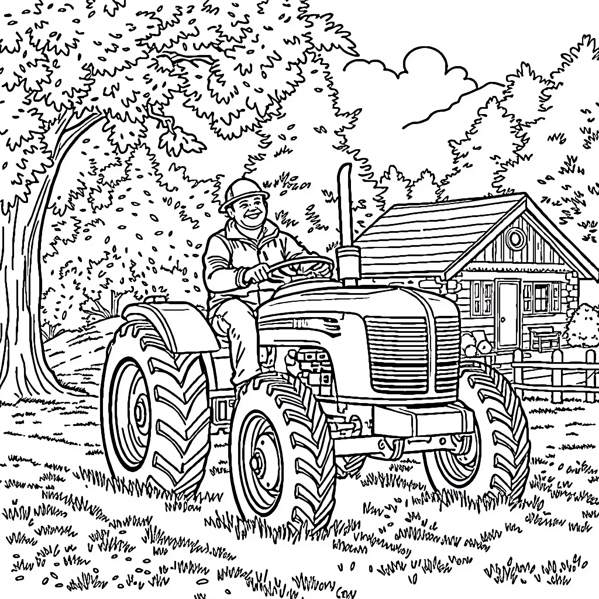 Farmer operating tractor on rural countryside landscape Coloring Page (free black-and-white line drawing printable PDF for all, from beginners to advanced learners, including children, teens, adults, and seniors)
