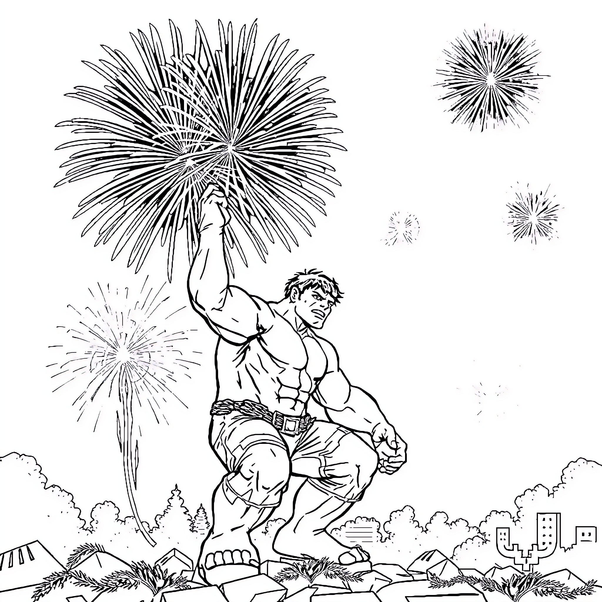 Hulk's Explosive Firework Display in Nature Coloring Page (free black-and-white line drawing printable PDF for all, from beginners to advanced learners, including children, teens, adults, and seniors)