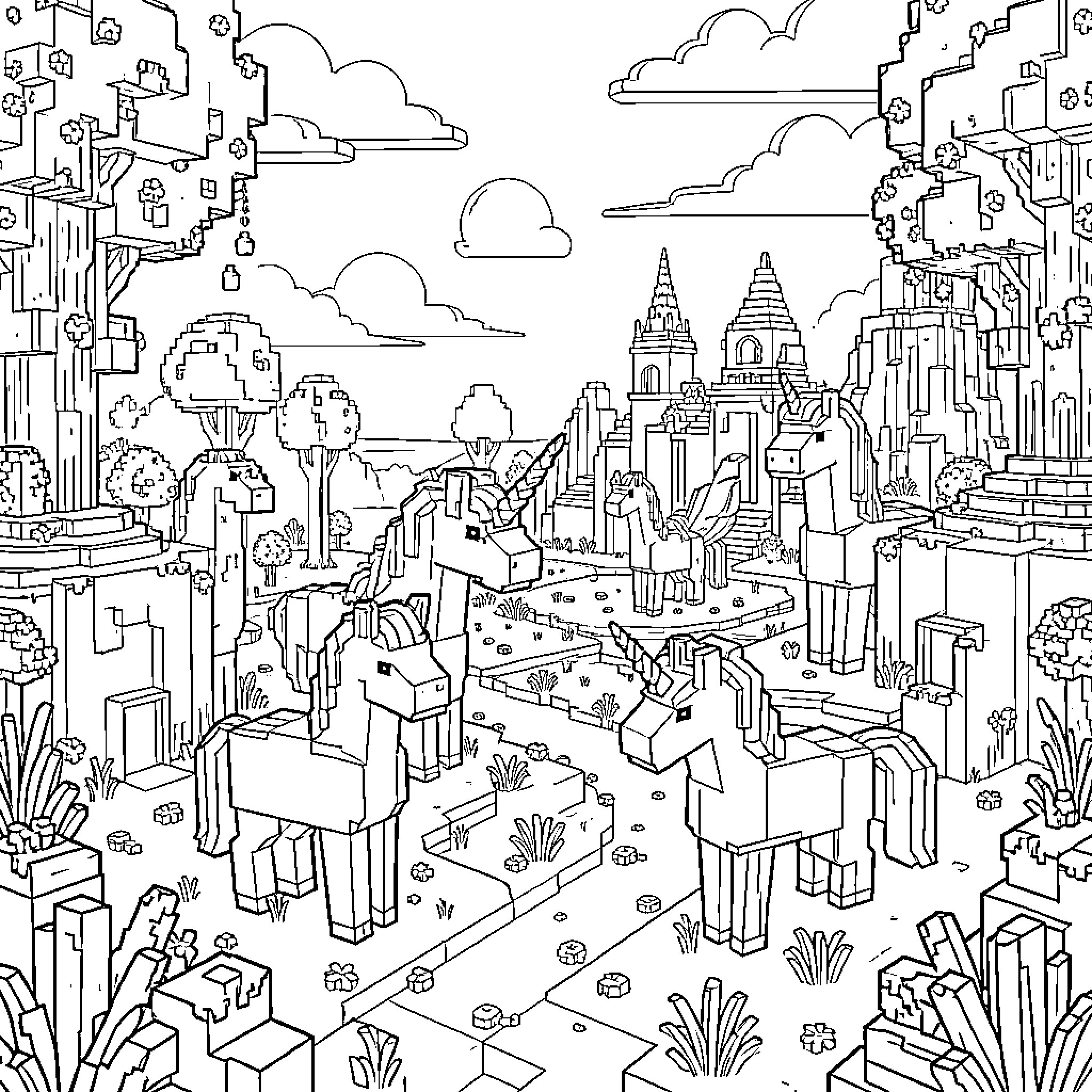 Minecraft unicorns exploring a mystical blocky landscape Coloring Page (free black-and-white line drawing printable PDF for all, from beginners to advanced learners, including children, teens, adults, and seniors)