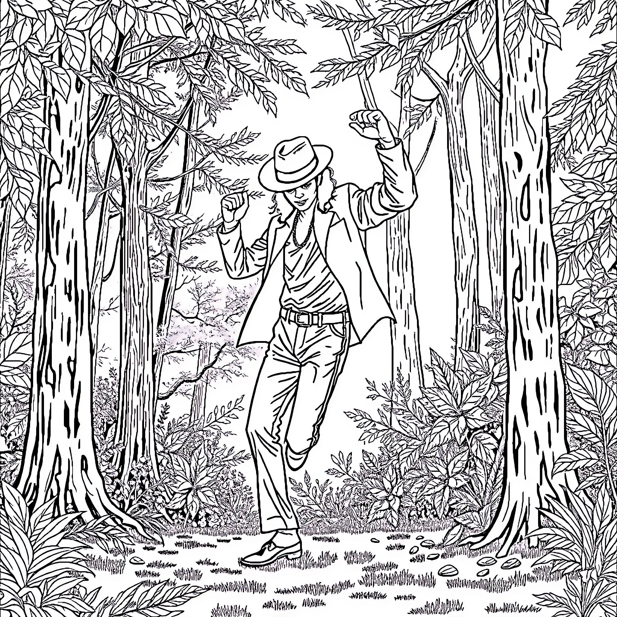 Michael Jackson dancing in the jungle Coloring Page (free black-and-white line drawing printable PDF for all, from beginners to advanced learners, including children, teens, adults, and seniors)