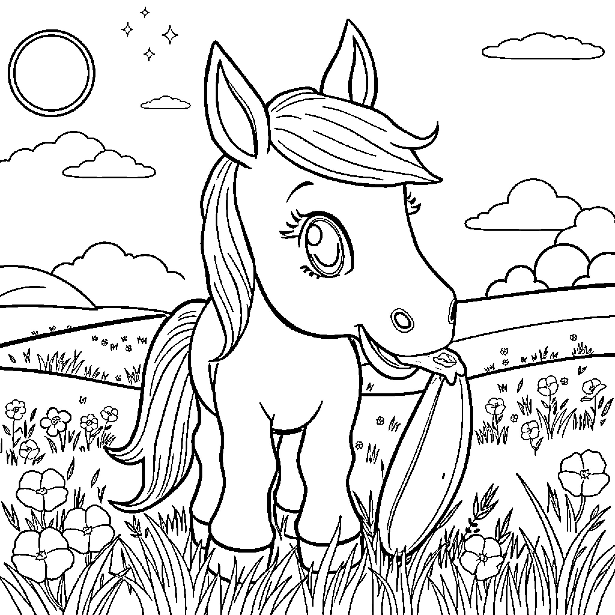 Pony enjoying a peaceful day in the meadow Coloring Page (free black-and-white line drawing printable PDF for all, from beginners to advanced learners, including children, teens, adults, and seniors)