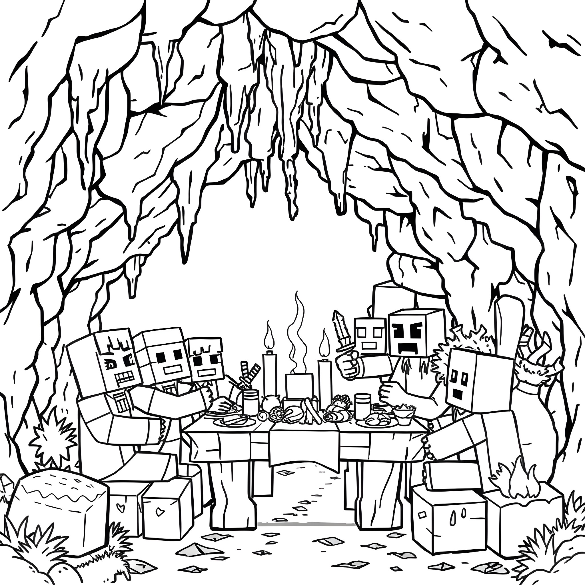 Minecraft characters exploring a cave Coloring Page (free black-and-white line drawing printable PDF for all, from beginners to advanced learners, including children, teens, adults, and seniors)