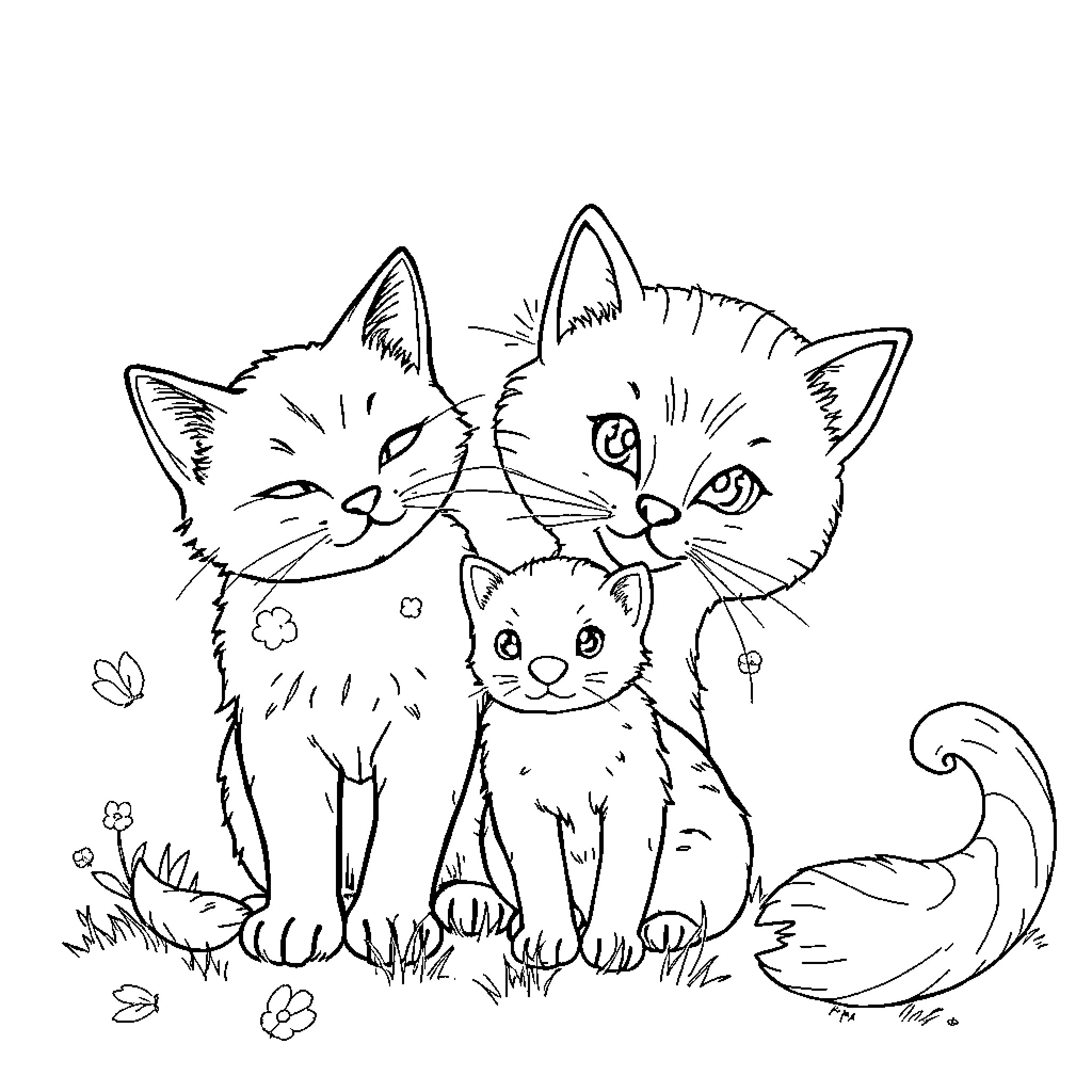 Gatto family portrait with kittens Coloring Page (free black-and-white line drawing printable PDF for all, from beginners to advanced learners, including children, teens, adults, and seniors)