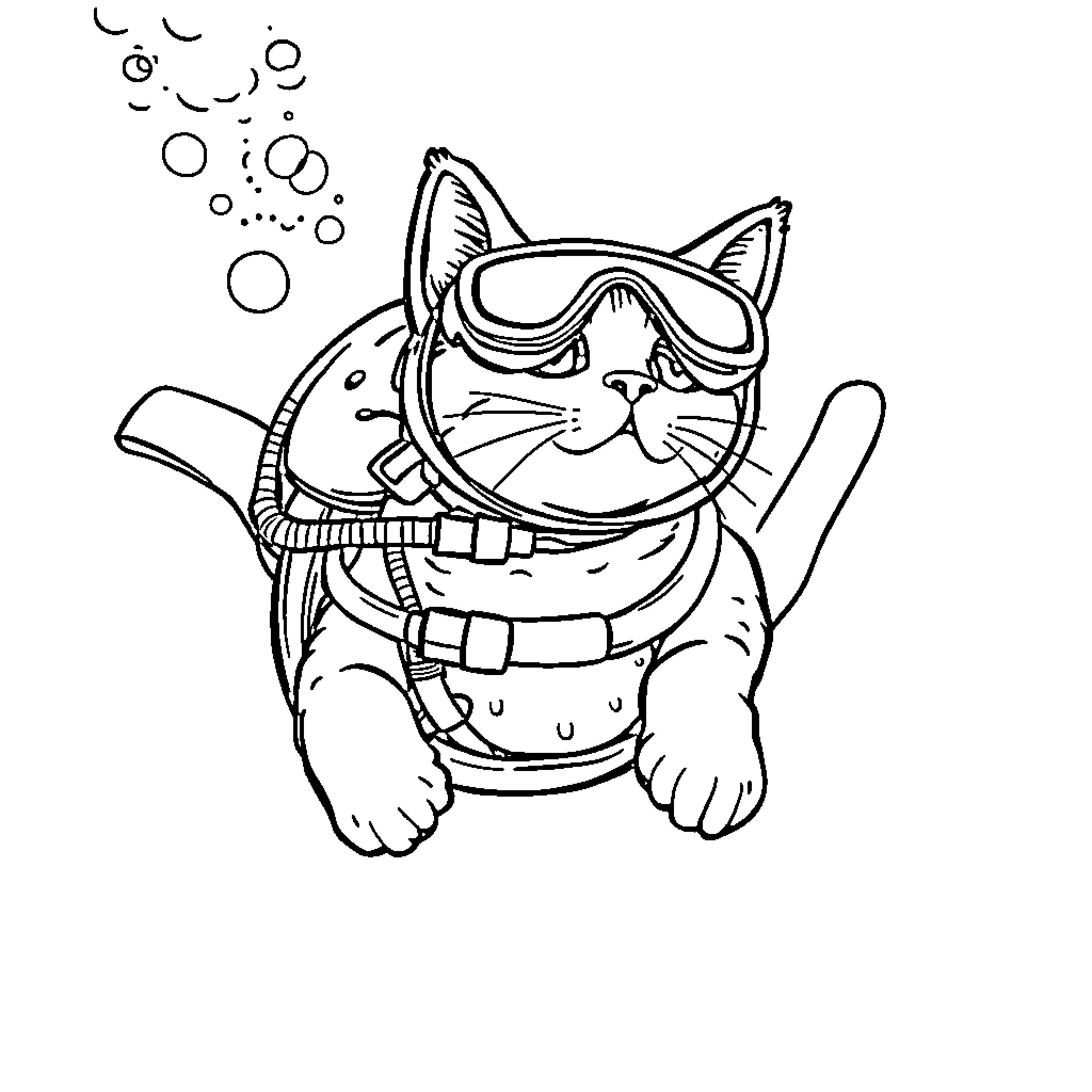 Cat wearing scuba gear and bubbles Coloring Page (free black-and-white line drawing printable PDF for all, from beginners to advanced learners, including children, teens, adults, and seniors)
