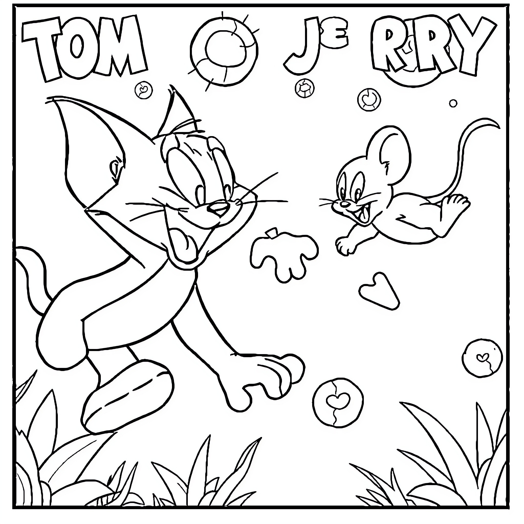 Tom and Jerry chasing and playing in the park Coloring Page (free black-and-white line drawing printable PDF for all, from beginners to advanced learners, including children, teens, adults, and seniors)