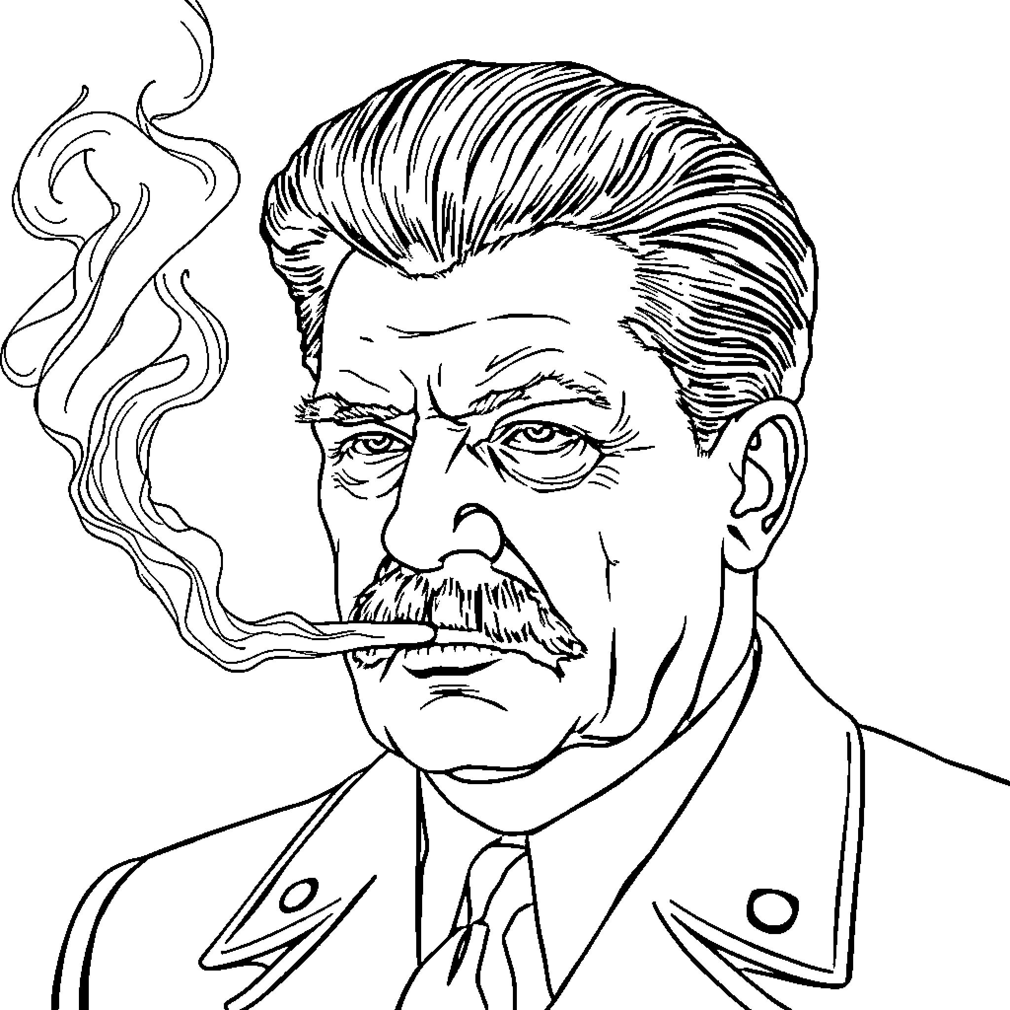 Filter Portrait of Stern-Looking Man Smoking Cigar Coloring Page (free black-and-white line drawing printable PDF for all, from beginners to advanced learners, including children, teens, adults, and seniors)