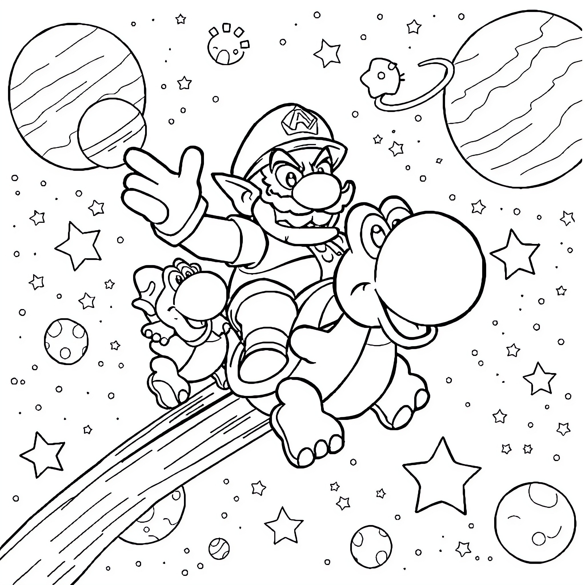 Wario flying through cosmic space Coloring Page (free black-and-white line drawing printable PDF for all, from beginners to advanced learners, including children, teens, adults, and seniors)