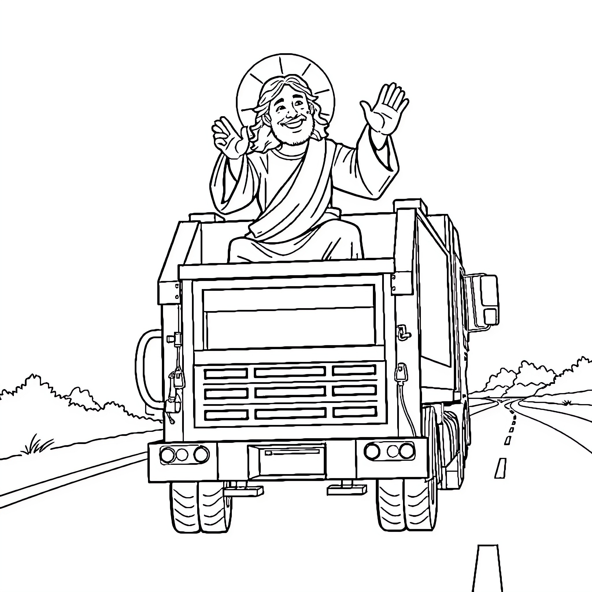 Jesus riding a vehicle waving happily on the road Coloring Page (free black-and-white line drawing printable PDF for all, from beginners to advanced learners, including children, teens, adults, and seniors)