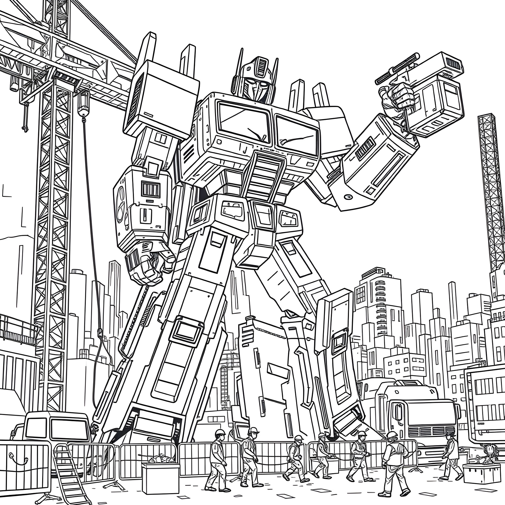Transformer robot in action among city buildings Coloring Page (free black-and-white line drawing printable PDF for all, from beginners to advanced learners, including children, teens, adults, and seniors)