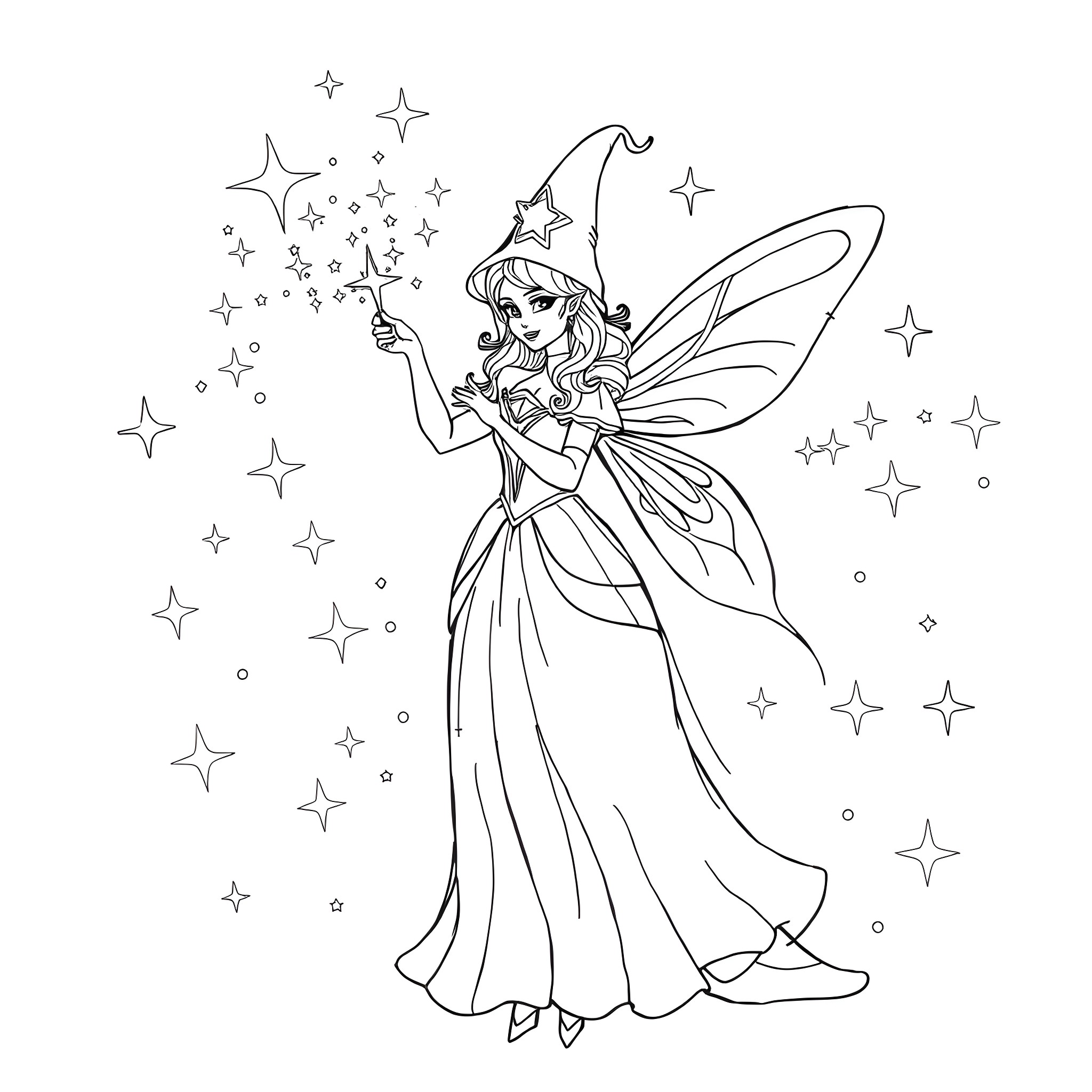 Fairy Godmother casting magic spells in the starry night Coloring Page (free black-and-white line drawing printable PDF for all, from beginners to advanced learners, including children, teens, adults, and seniors)