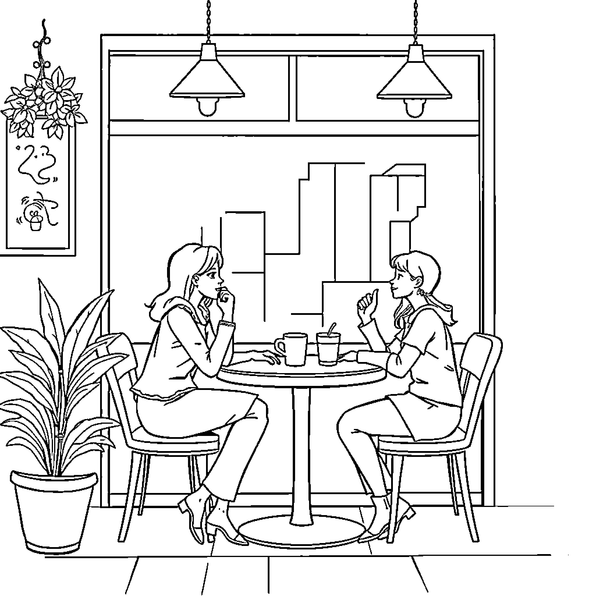 Cat Enjoying a Cozy Cafe Scene Coloring Page (free black-and-white line drawing printable PDF for all, from beginners to advanced learners, including children, teens, adults, and seniors)