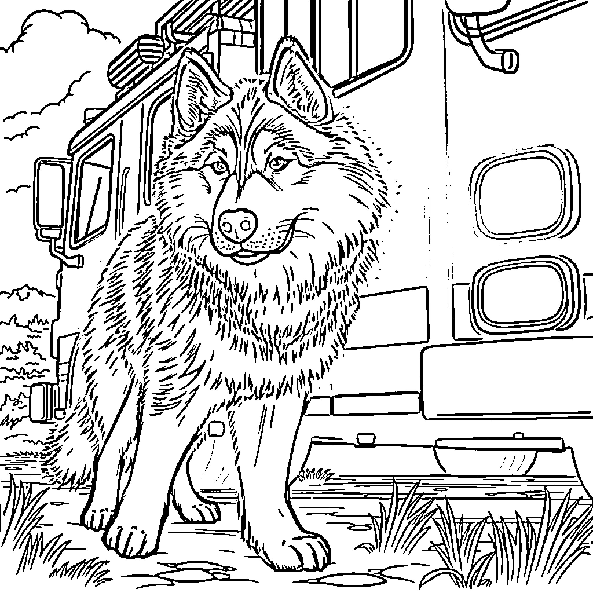 Malamute guard dog on duty near transportation Coloring Page (free black-and-white line drawing printable PDF for all, from beginners to advanced learners, including children, teens, adults, and seniors)