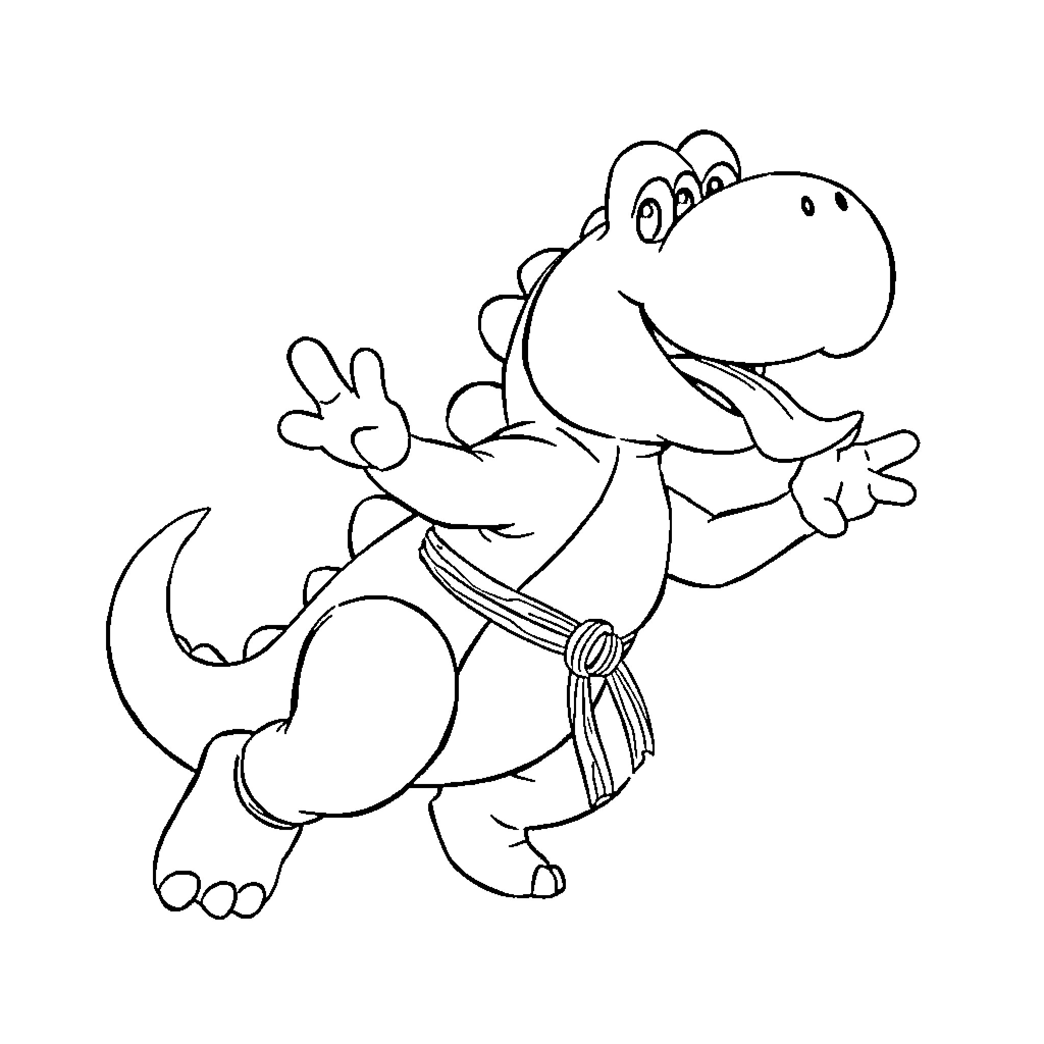 Yoshi the Friendly Dinosaur in Action Coloring Page (free black-and-white line drawing printable PDF for all, from beginners to advanced learners, including children, teens, adults, and seniors)