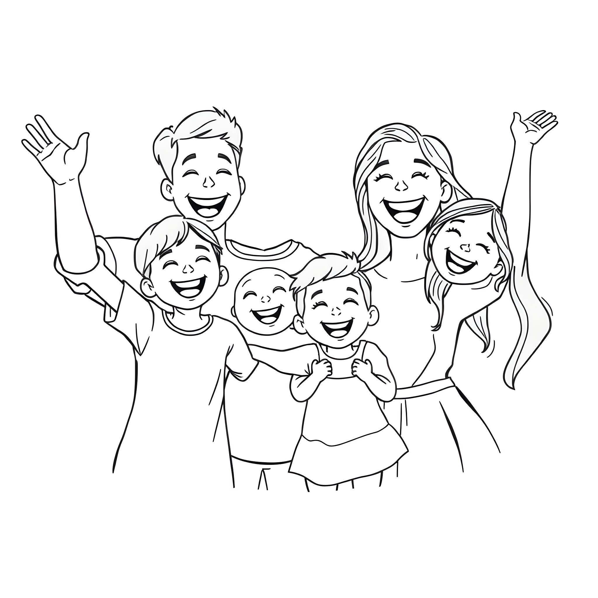 Family celebrating joyfully together Coloring Page (free black-and-white line drawing printable PDF for all, from beginners to advanced learners, including children, teens, adults, and seniors)