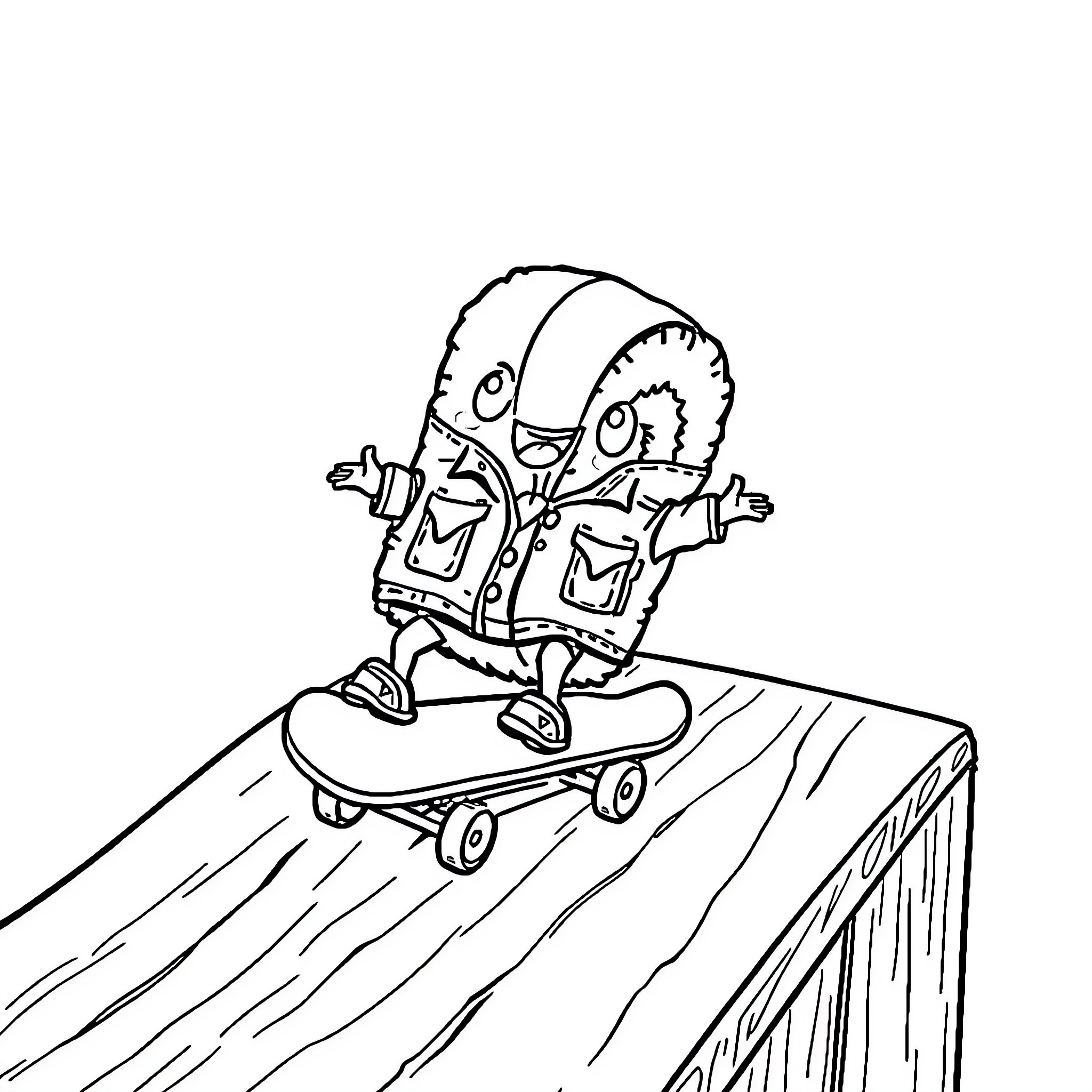 Sushi Skateboarding on Wooden Ramp Coloring Page (free black-and-white line drawing printable PDF for all, from beginners to advanced learners, including children, teens, adults, and seniors)