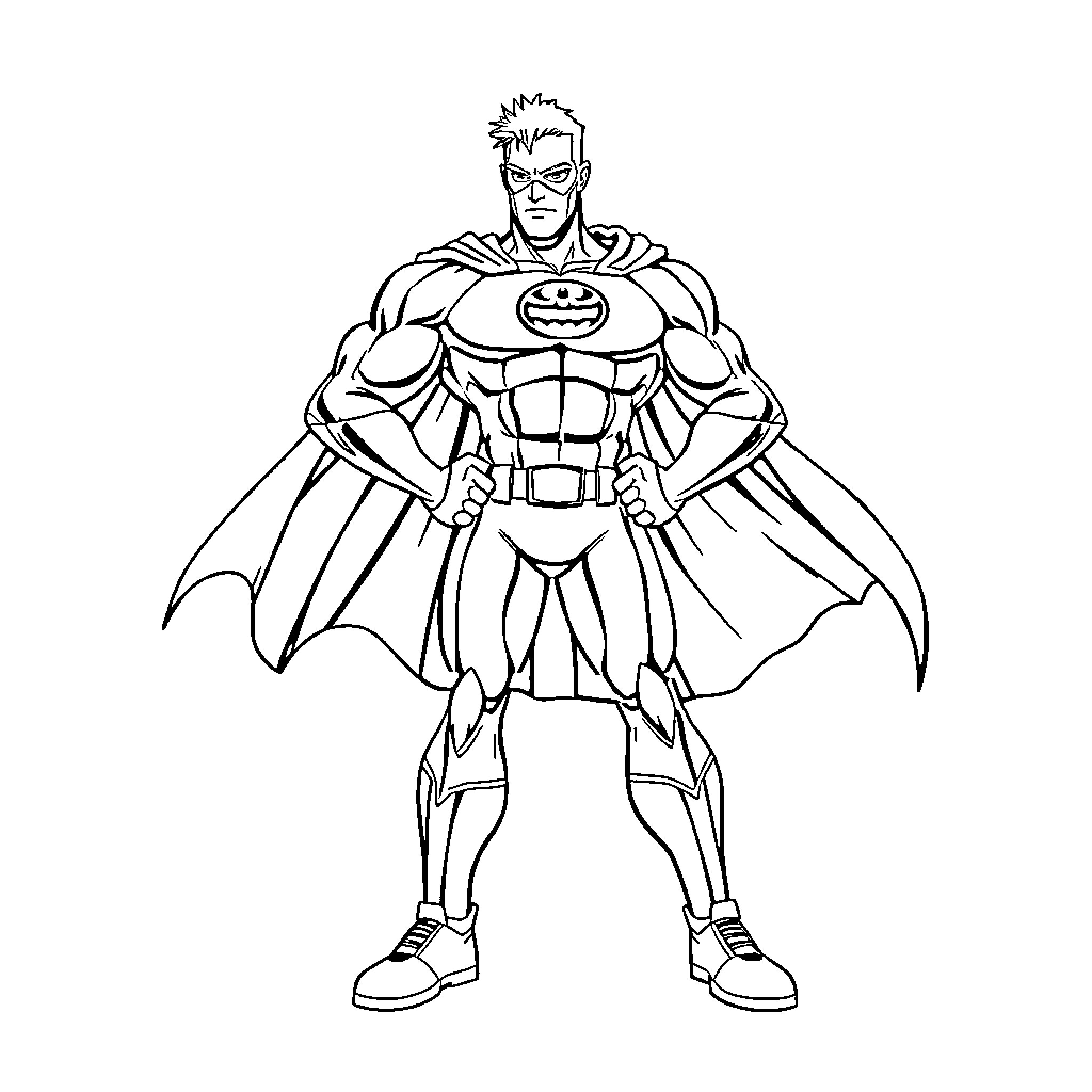 Superhero in action pose with muscular build Coloring Page (free black-and-white line drawing printable PDF for all, from beginners to advanced learners, including children, teens, adults, and seniors)