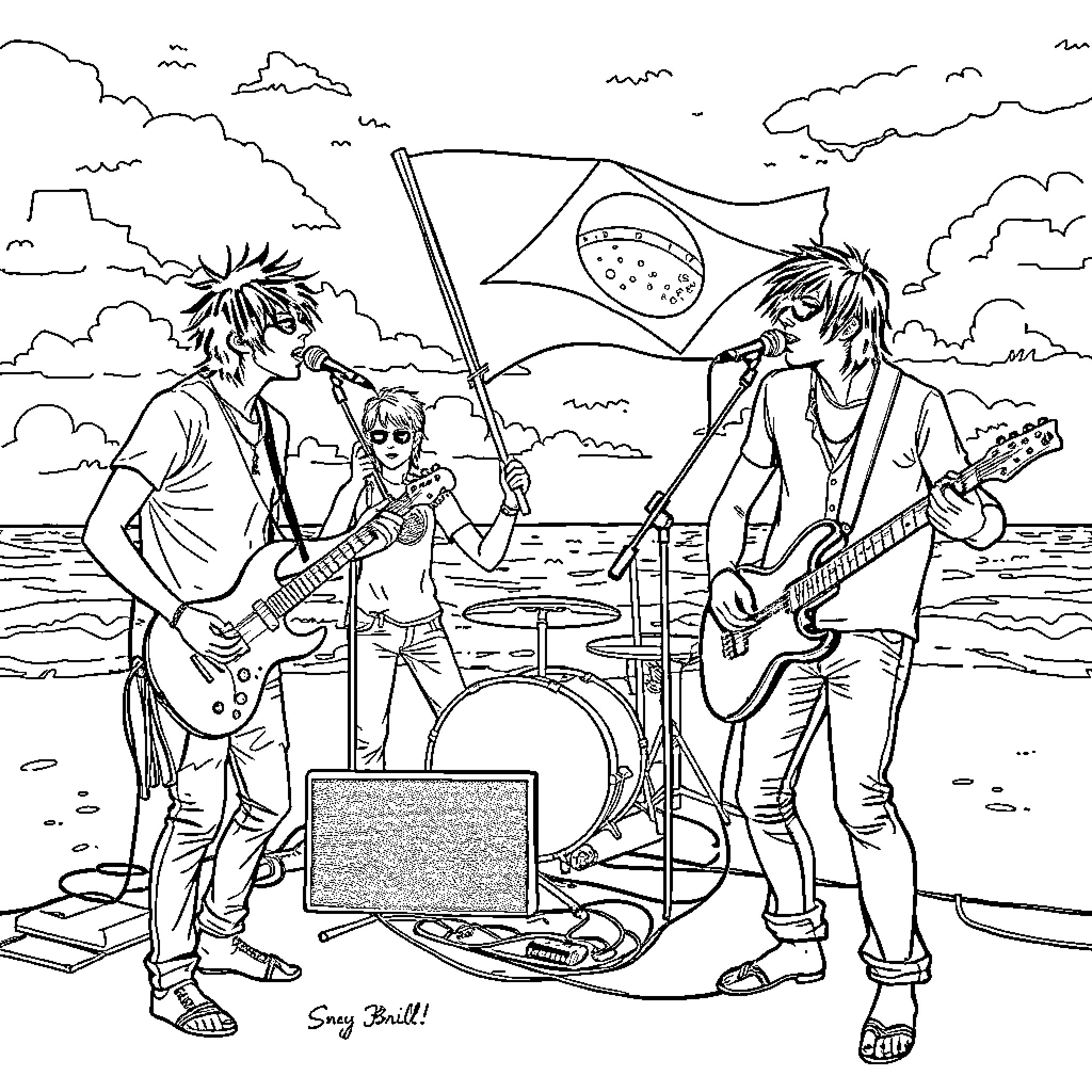 My Chemical Romance Performing on the Beach Coloring Page (free black-and-white line drawing printable PDF for all, from beginners to advanced learners, including children, teens, adults, and seniors)