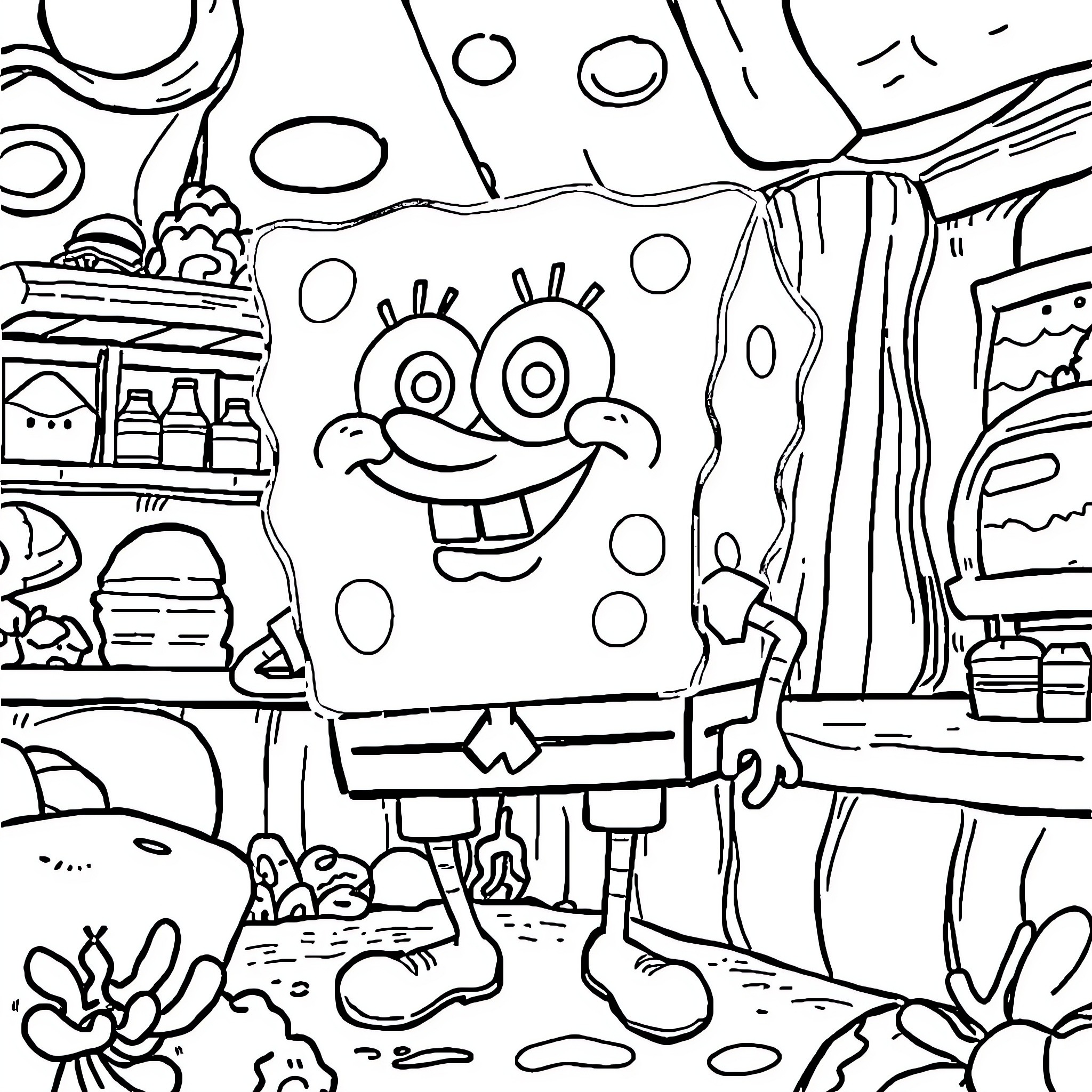 Spongebob and his underwater adventures Coloring Page (free black-and-white line drawing printable PDF for all, from beginners to advanced learners, including children, teens, adults, and seniors)