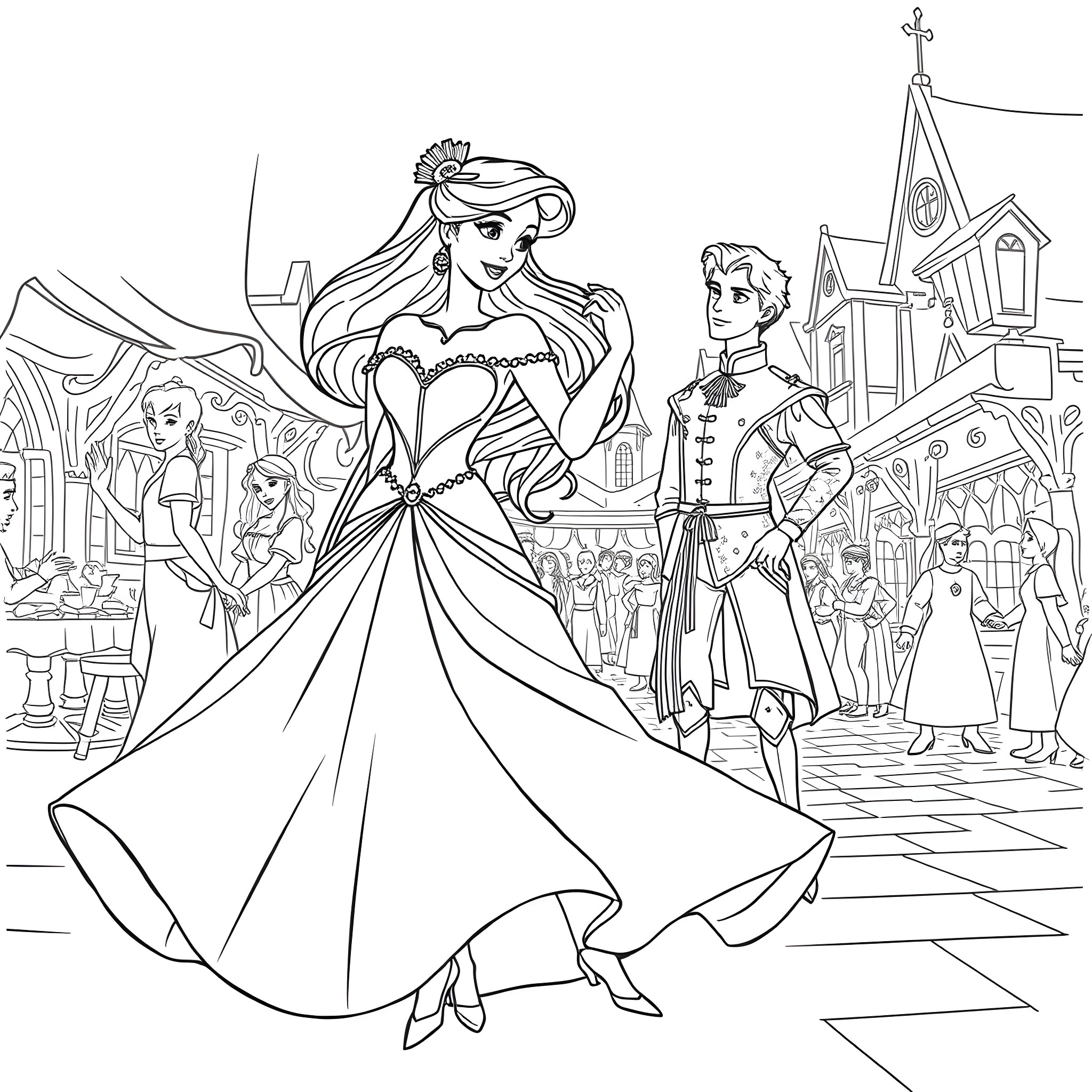 Esmeralda's Festive Parade with Quasimodo Coloring Page (free black-and-white line drawing printable PDF for all, from beginners to advanced learners, including children, teens, adults, and seniors)
