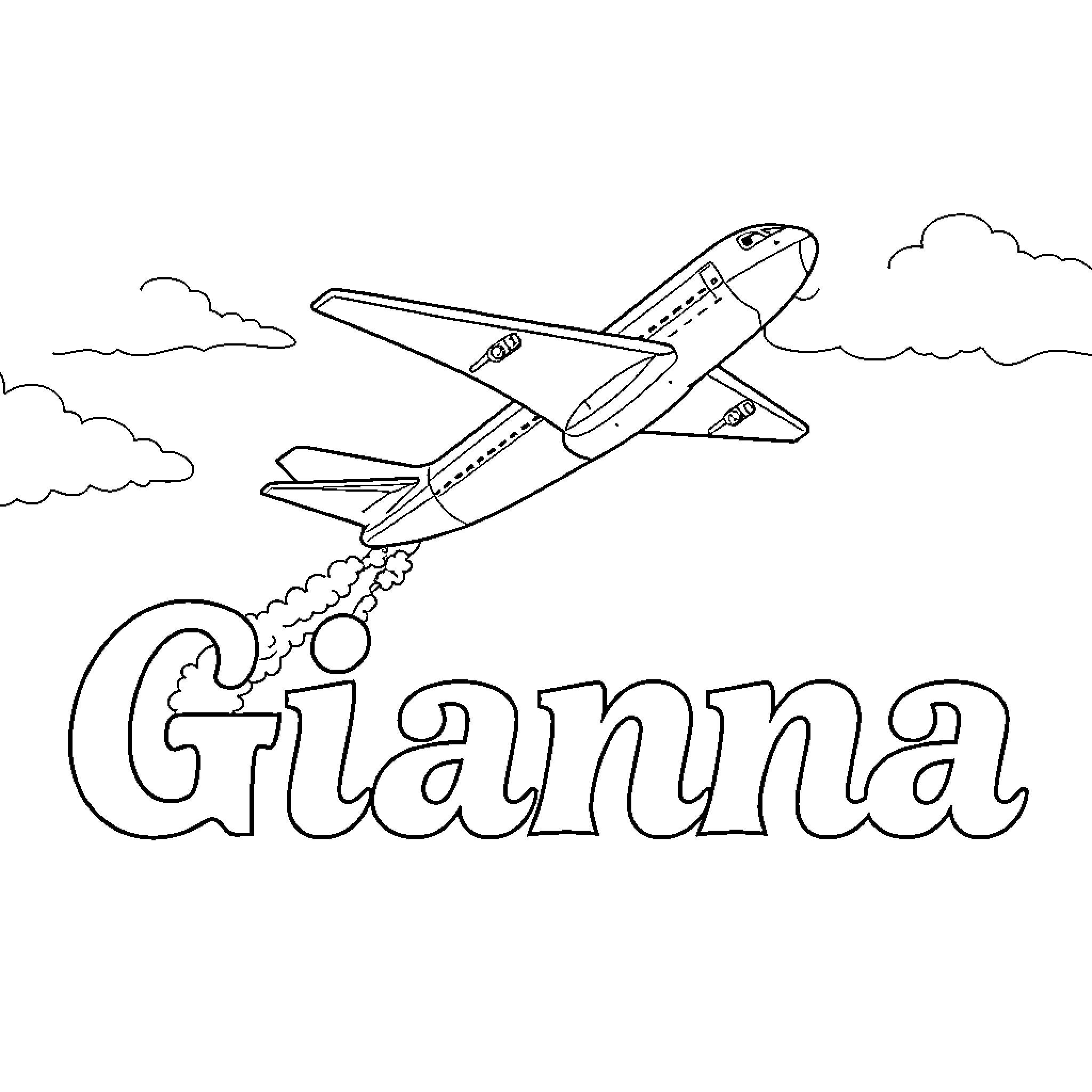 Airplane taking off with the name Gianna Coloring Page (free black-and-white line drawing printable PDF for all, from beginners to advanced learners, including children, teens, adults, and seniors)