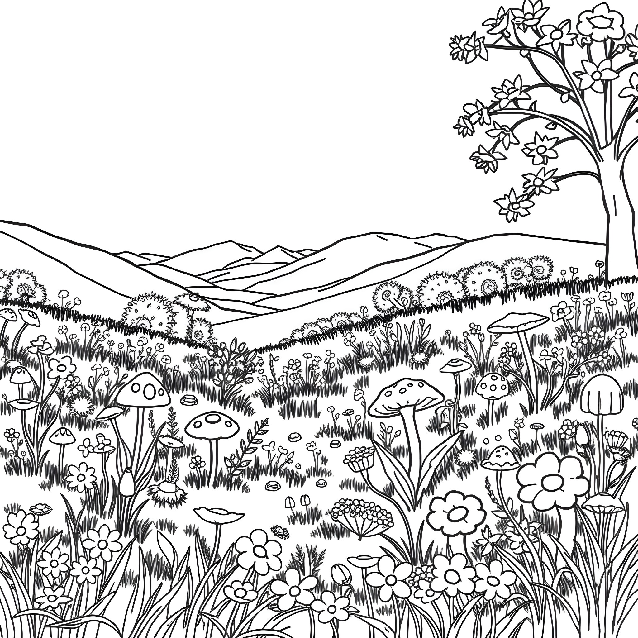 Flower Filled Meadow with Mushrooms and Foliage Coloring Page (free black-and-white line drawing printable PDF for all, from beginners to advanced learners, including children, teens, adults, and seniors)
