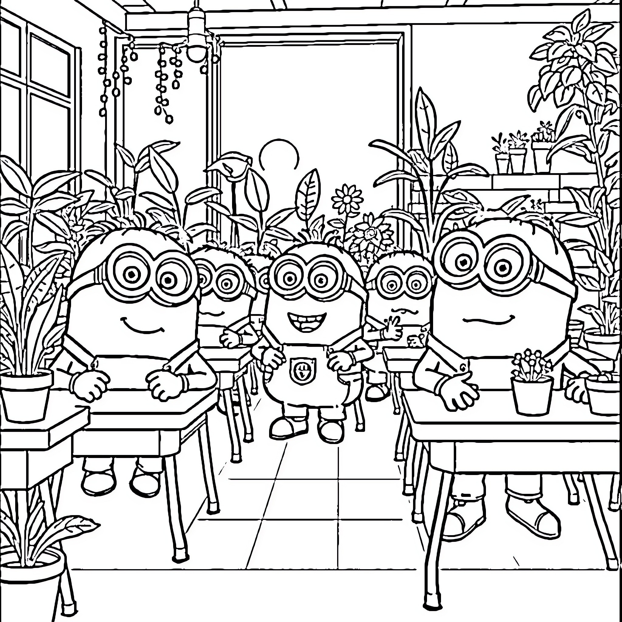 Minions Enjoying a Cozy Greenhouse Setting Coloring Page (free black-and-white line drawing printable PDF for all, from beginners to advanced learners, including children, teens, adults, and seniors)