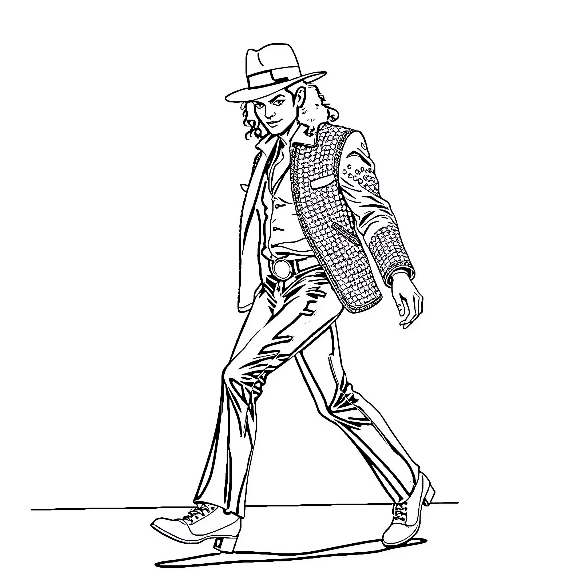 Michael Jackson's Iconic Dance Moves and Outfit Coloring Page (free black-and-white line drawing printable PDF for all, from beginners to advanced learners, including children, teens, adults, and seniors)