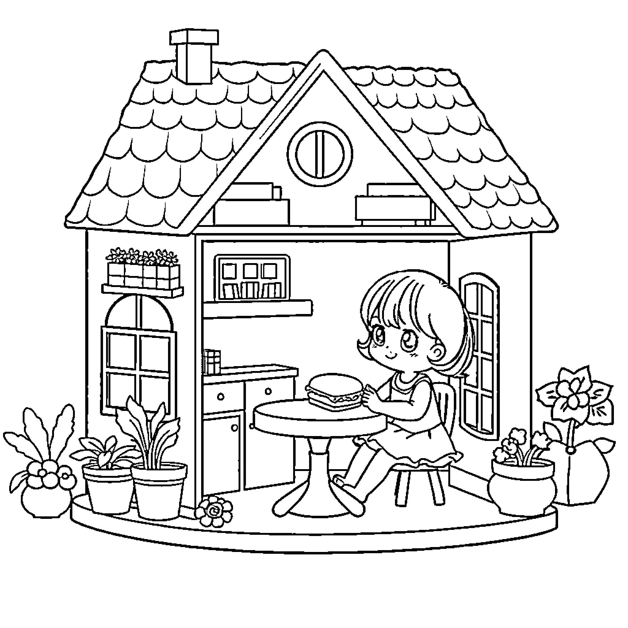 Dollhouse with a child playing inside Coloring Page (free black-and-white line drawing printable PDF for all, from beginners to advanced learners, including children, teens, adults, and seniors)