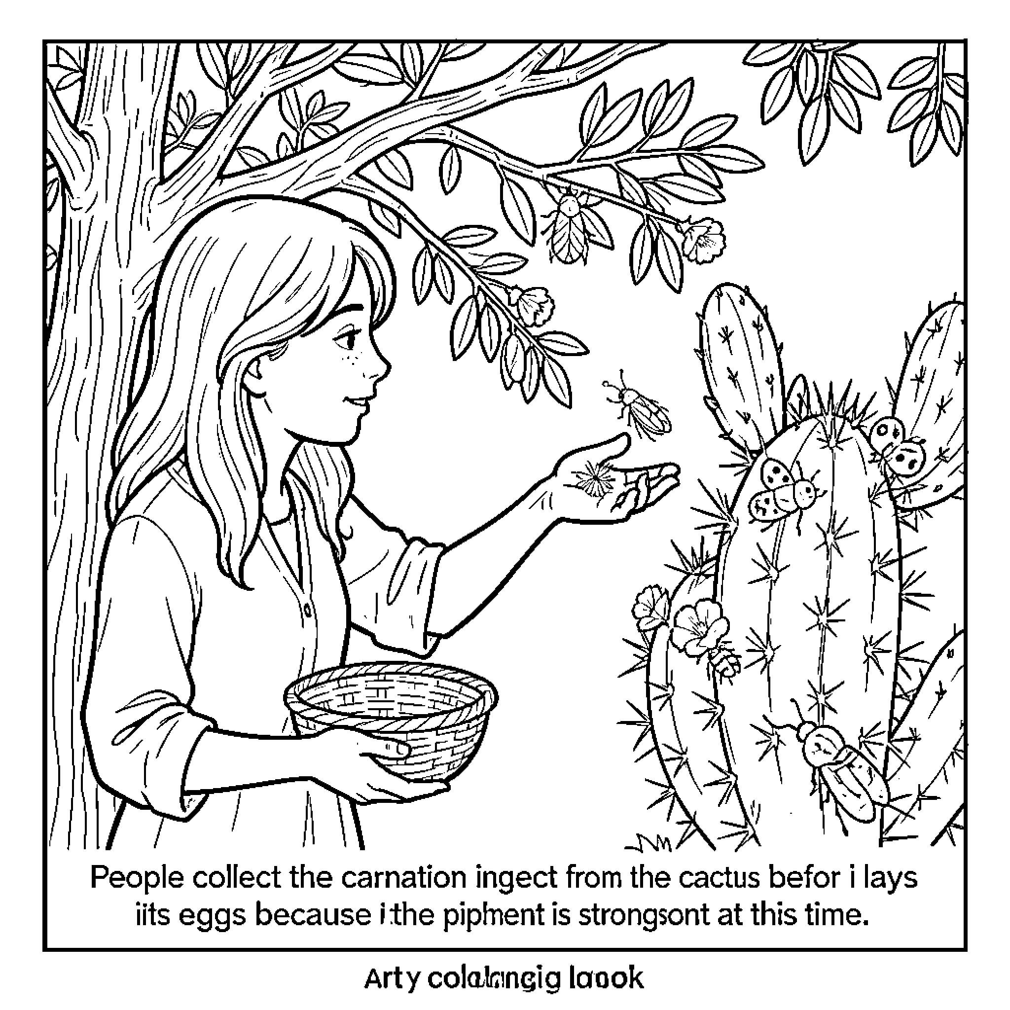 Insect-Themed Encounter in Nature Coloring Page (free black-and-white line drawing printable PDF for all, from beginners to advanced learners, including children, teens, adults, and seniors)