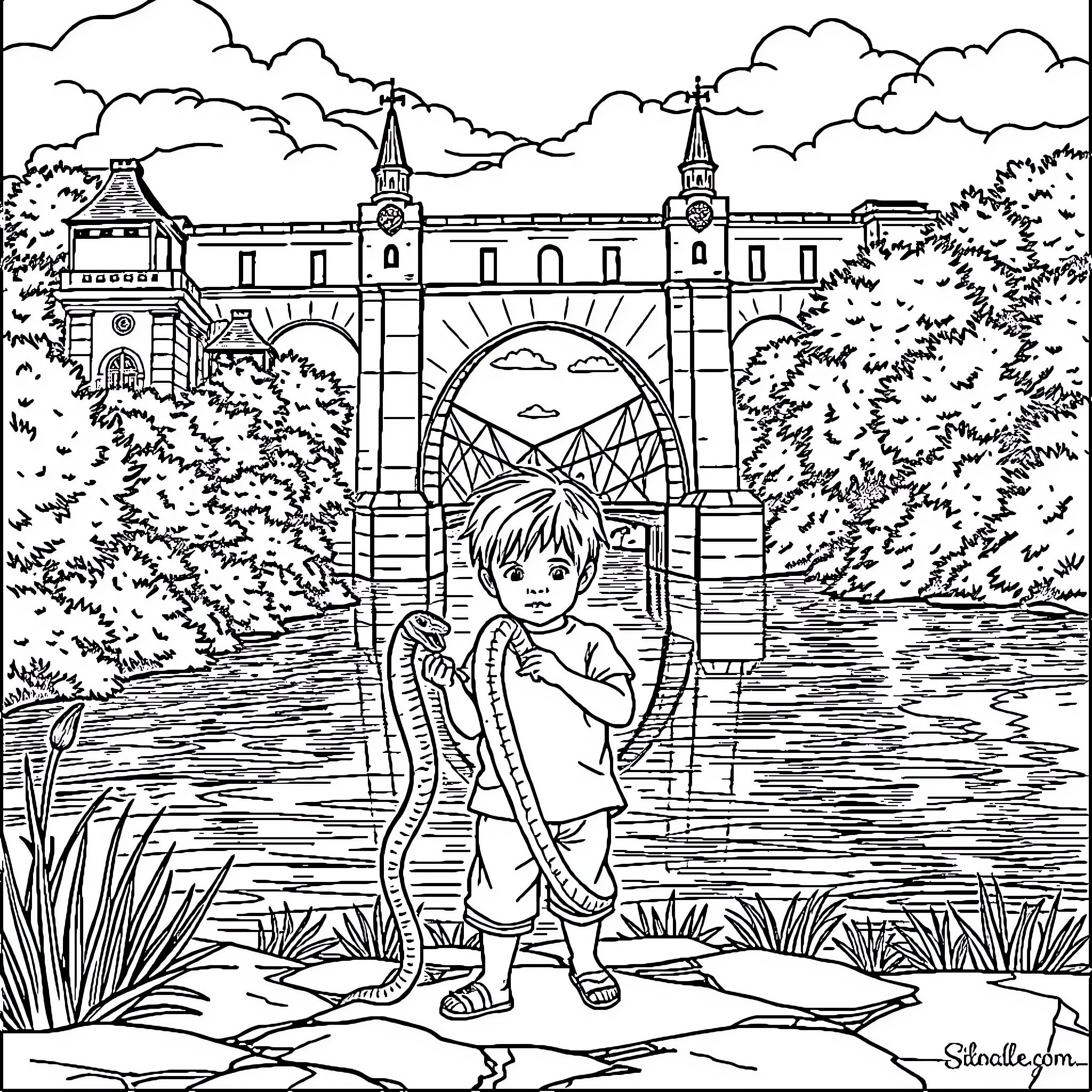 Child exploring nature near a historic bridge Coloring Page (free black-and-white line drawing printable PDF for all, from beginners to advanced learners, including children, teens, adults, and seniors)