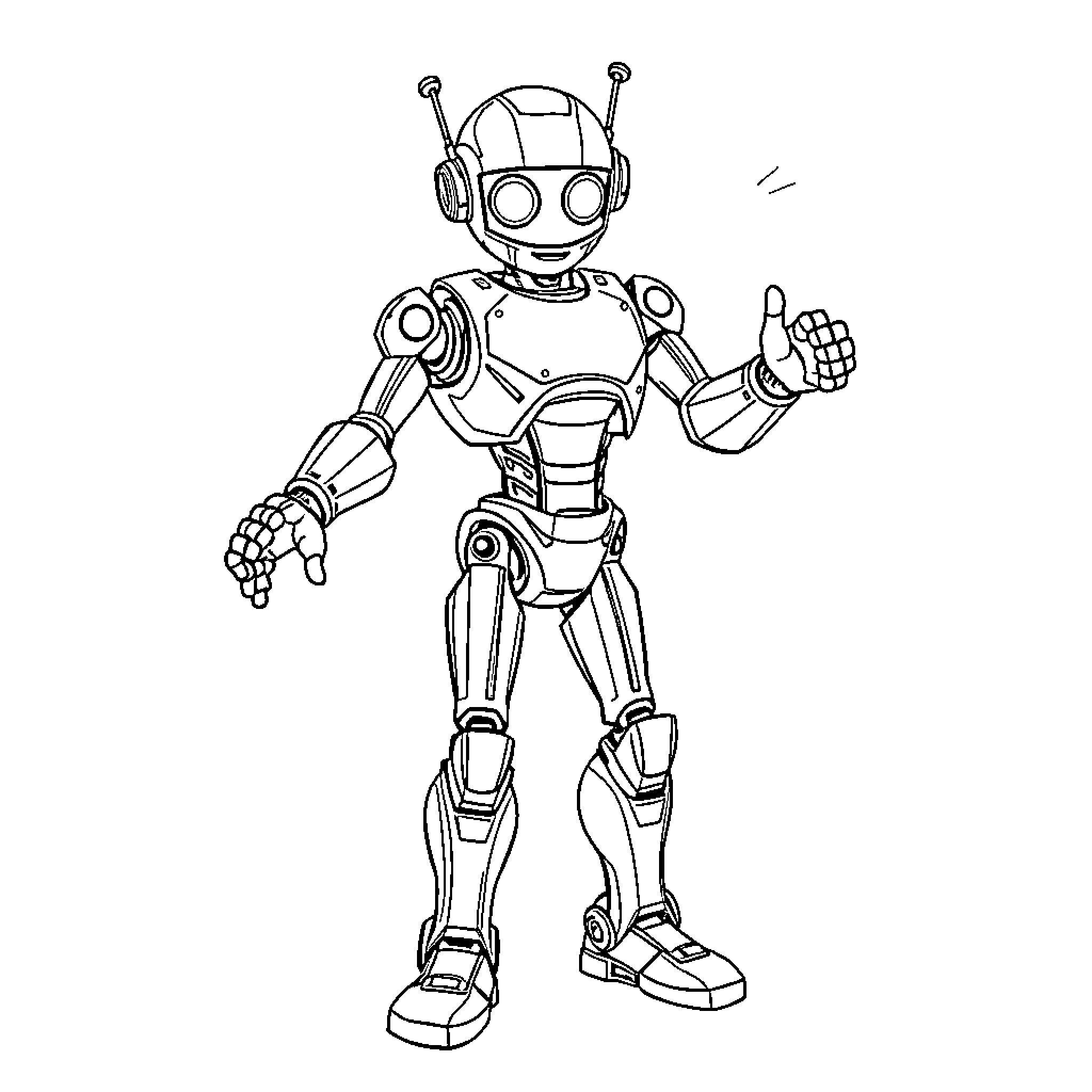 Robot giving a thumbs up gesture Coloring Page (free black-and-white line drawing printable PDF for all, from beginners to advanced learners, including children, teens, adults, and seniors)