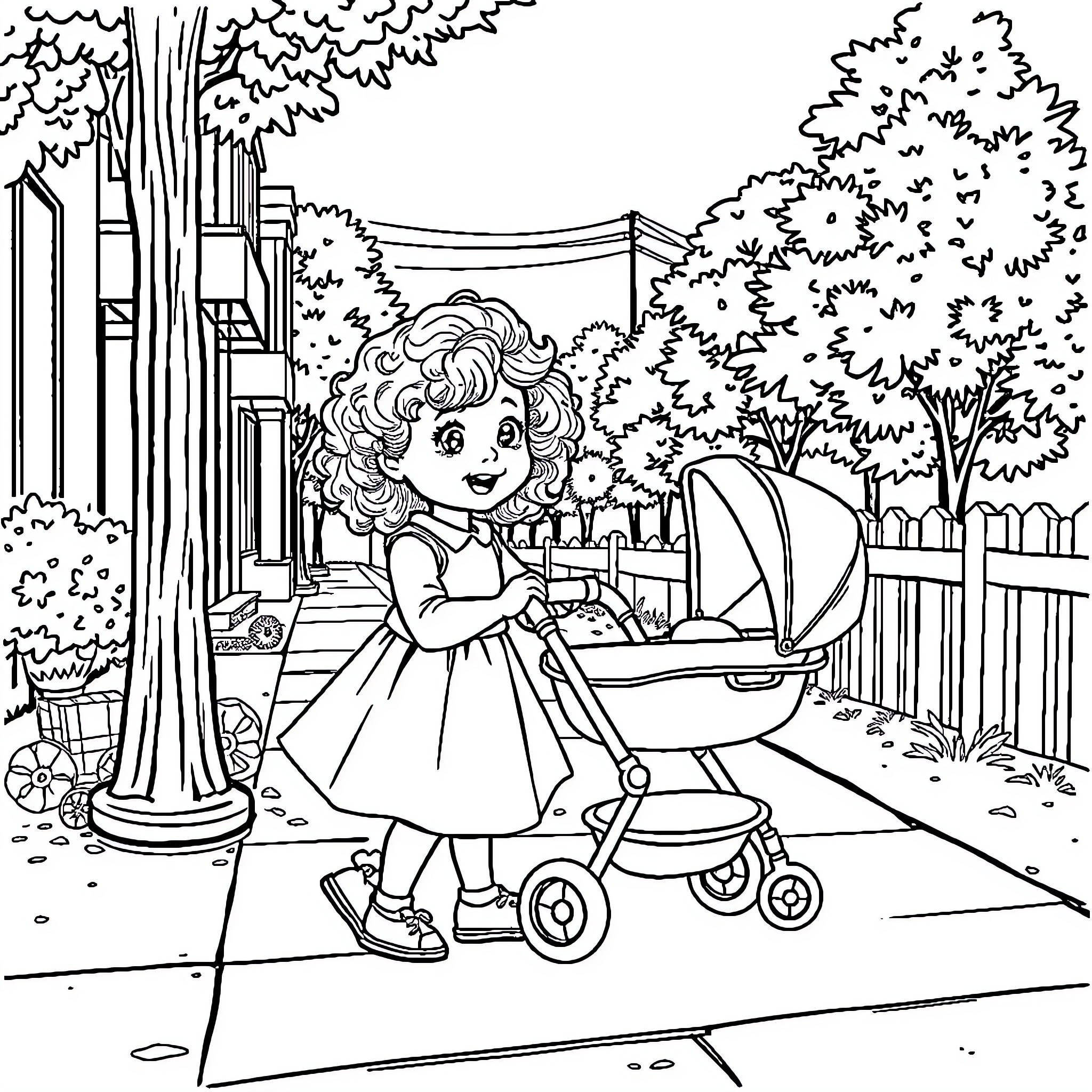 Girl with a stroller in a park Coloring Page (free black-and-white line drawing printable PDF for all, from beginners to advanced learners, including children, teens, adults, and seniors)