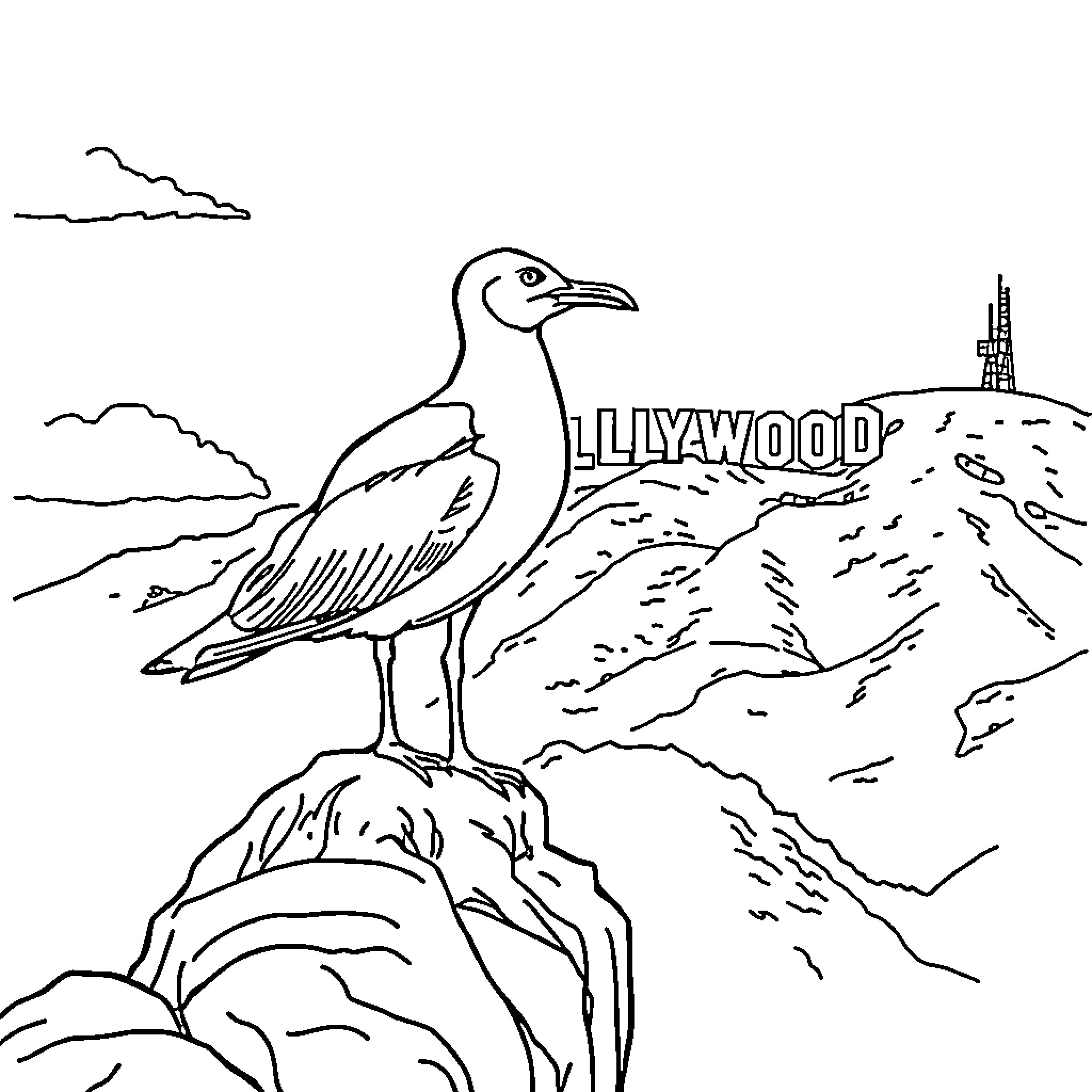 Seagull overlooking the Lliyawood landscape Coloring Page (free black-and-white line drawing printable PDF for all, from beginners to advanced learners, including children, teens, adults, and seniors)