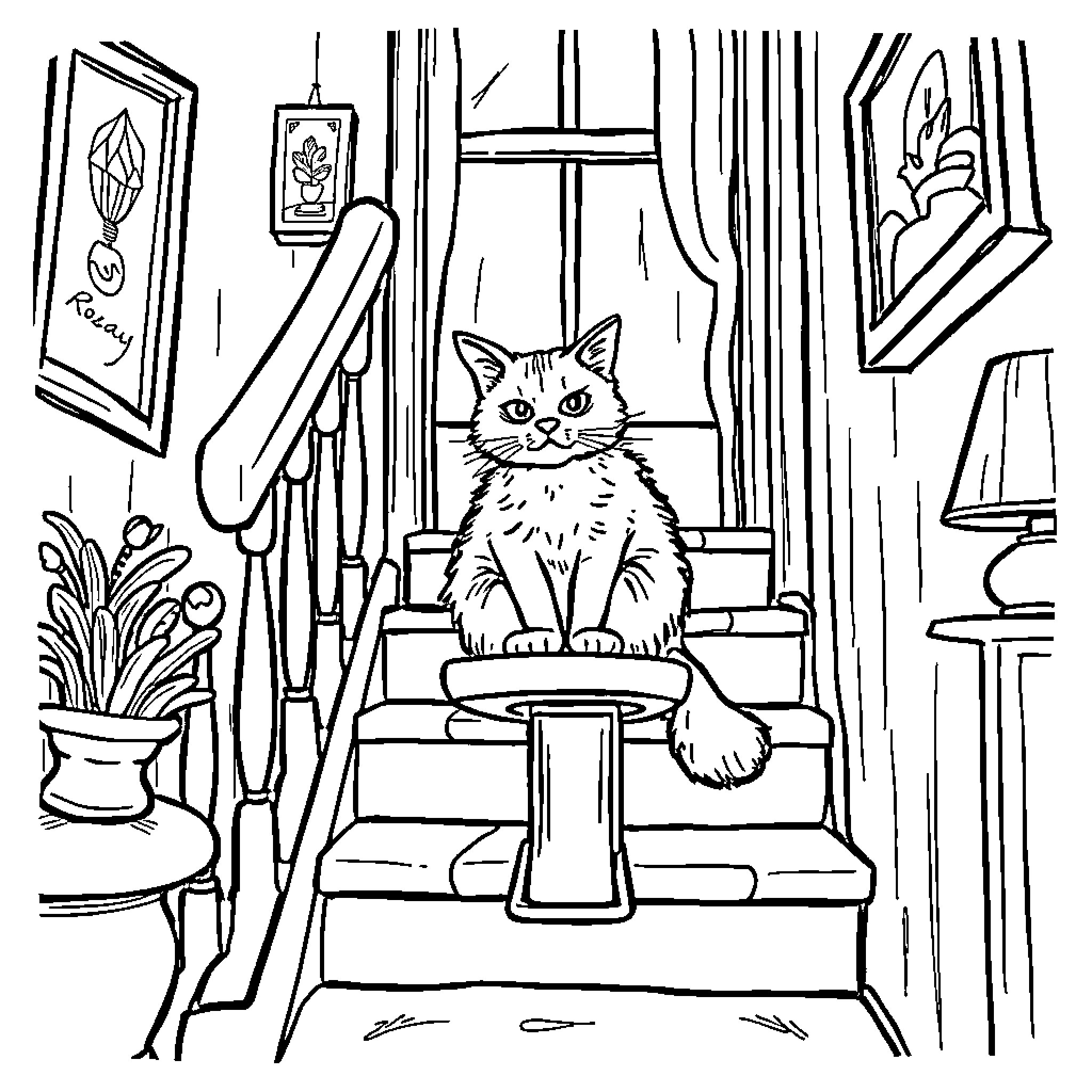 Cat relaxing on stairs in cozy home Coloring Page (free black-and-white line drawing printable PDF for all, from beginners to advanced learners, including children, teens, adults, and seniors)
