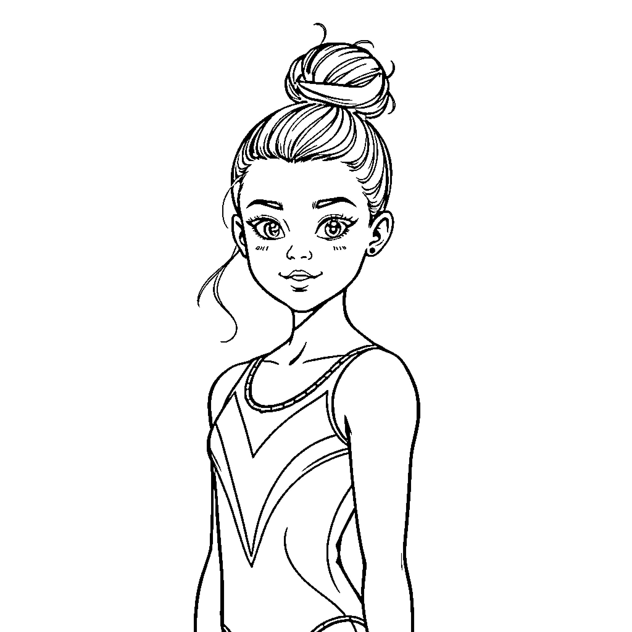 Girl in Gymnastic Outfit with Updo Hairstyle Coloring Page (free black-and-white line drawing printable PDF for all, from beginners to advanced learners, including children, teens, adults, and seniors)