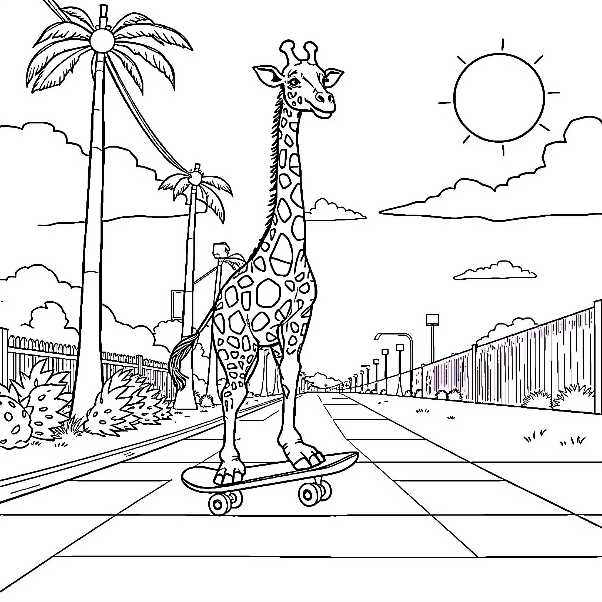 Giraffe riding a skateboard in a tropical scene Coloring Page (free black-and-white line drawing printable PDF for all, from beginners to advanced learners, including children, teens, adults, and seniors)