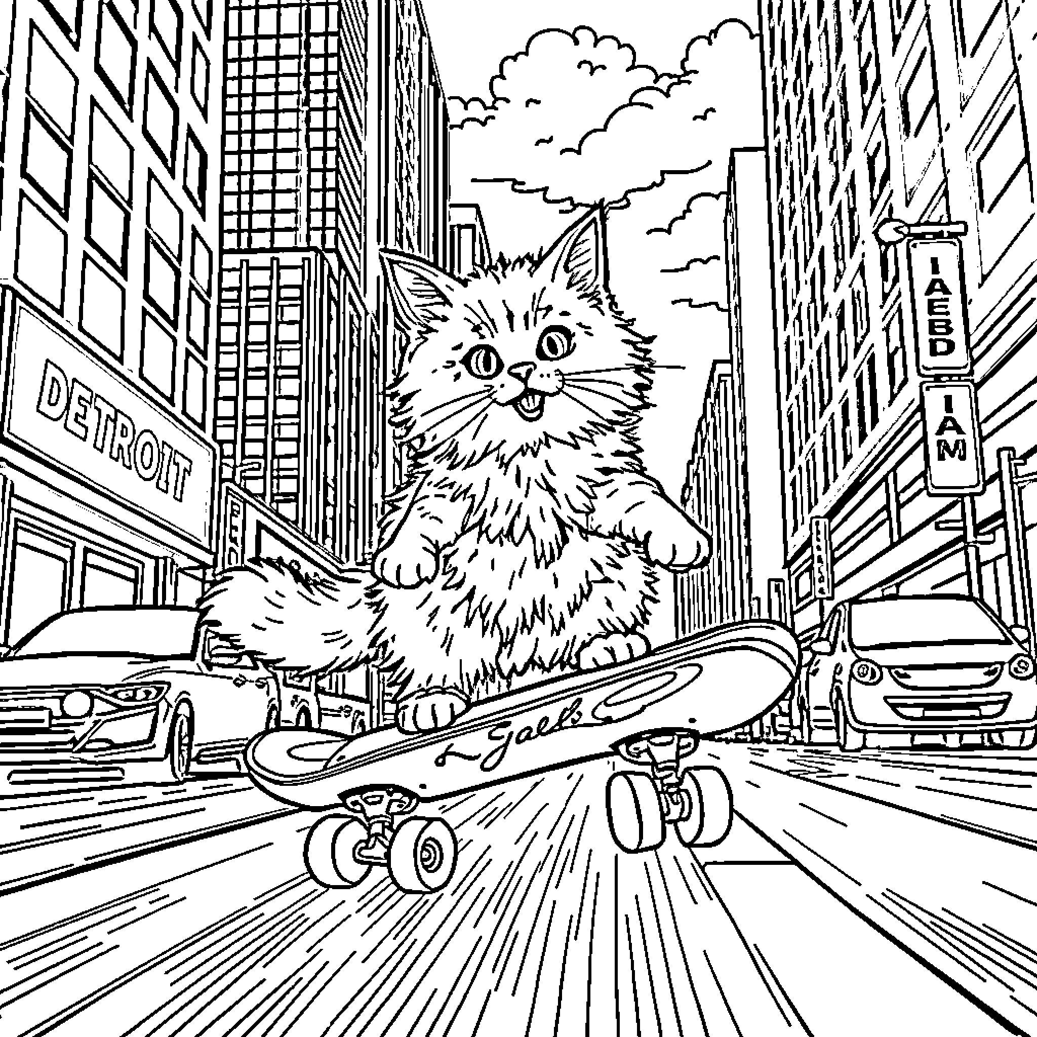 Cat riding skateboard through city streets Coloring Page (free black-and-white line drawing printable PDF for all, from beginners to advanced learners, including children, teens, adults, and seniors)