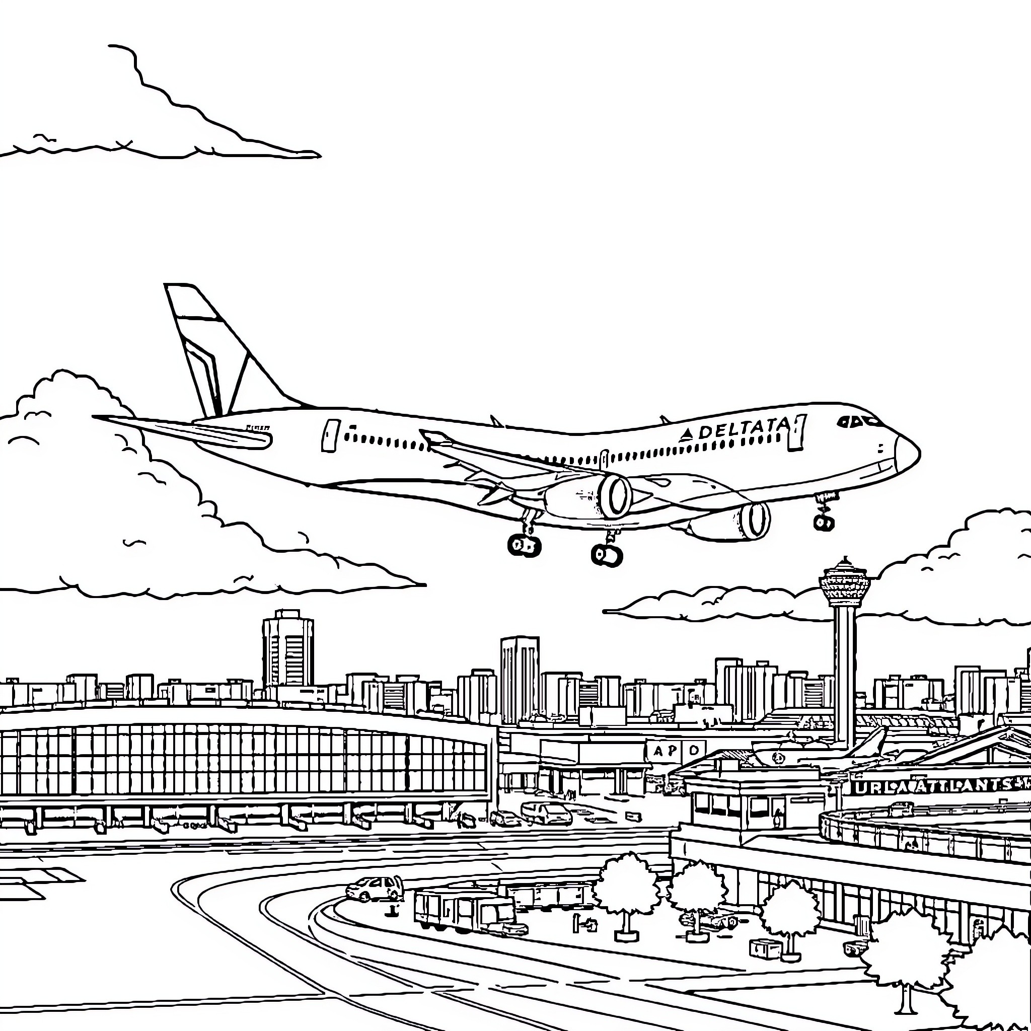 Plane taking off from airport over cityscape Coloring Page (free black-and-white line drawing printable PDF for all, from beginners to advanced learners, including children, teens, adults, and seniors)