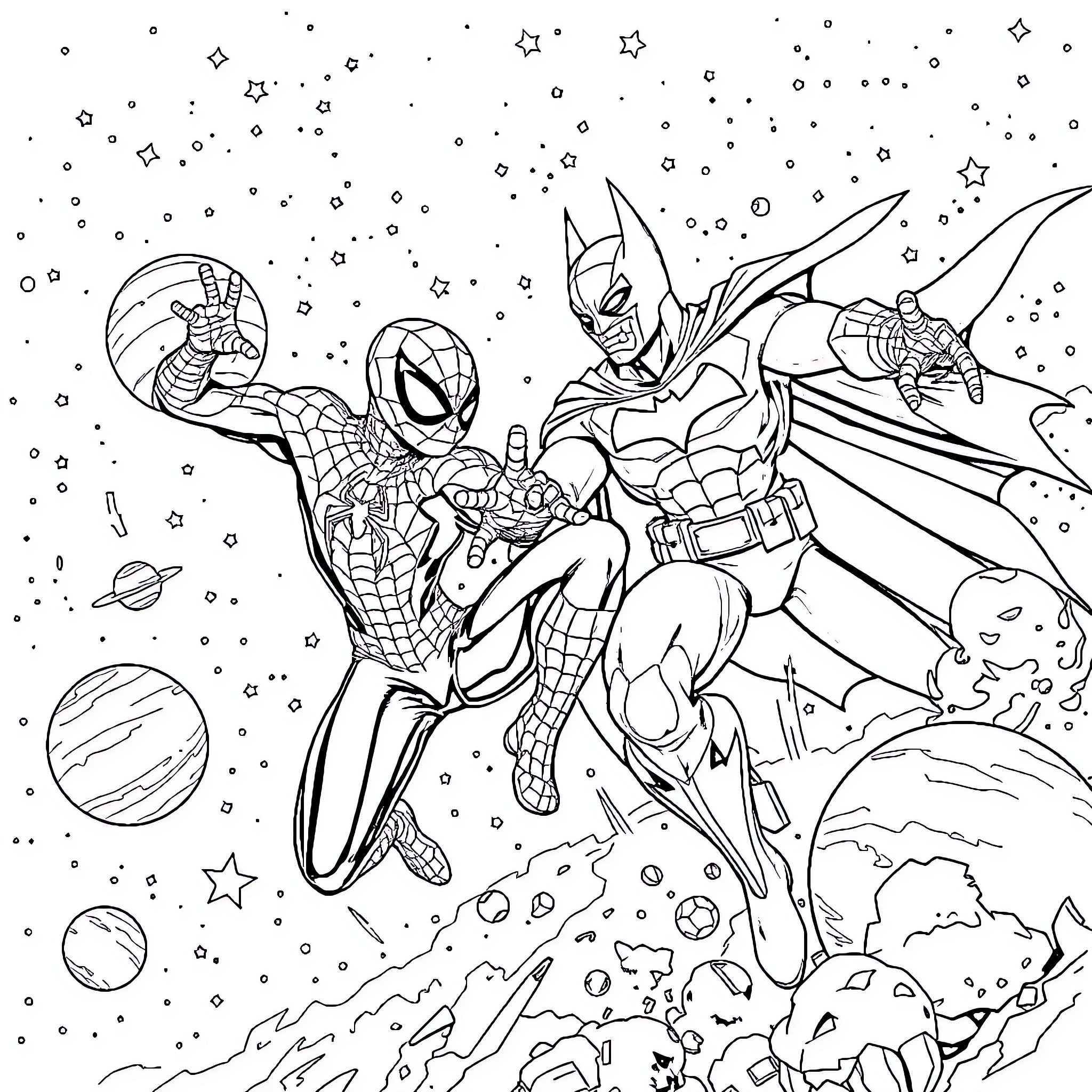 Spider-Man and Batman Save the Galaxy Coloring Page (free black-and-white line drawing printable PDF for all, from beginners to advanced learners, including children, teens, adults, and seniors)