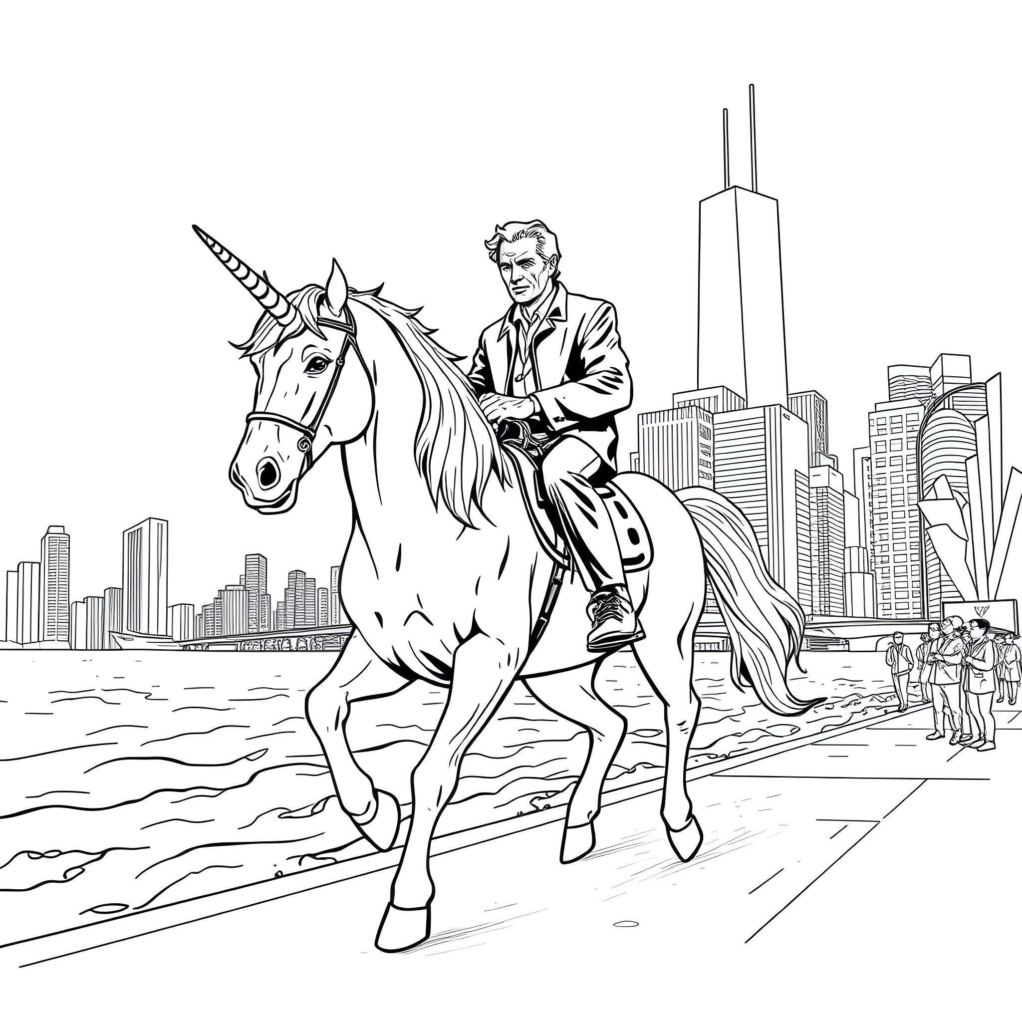 Clint Eastwood rides a unicorn in the city Coloring Page (free black-and-white line drawing printable PDF for all, from beginners to advanced learners, including children, teens, adults, and seniors)