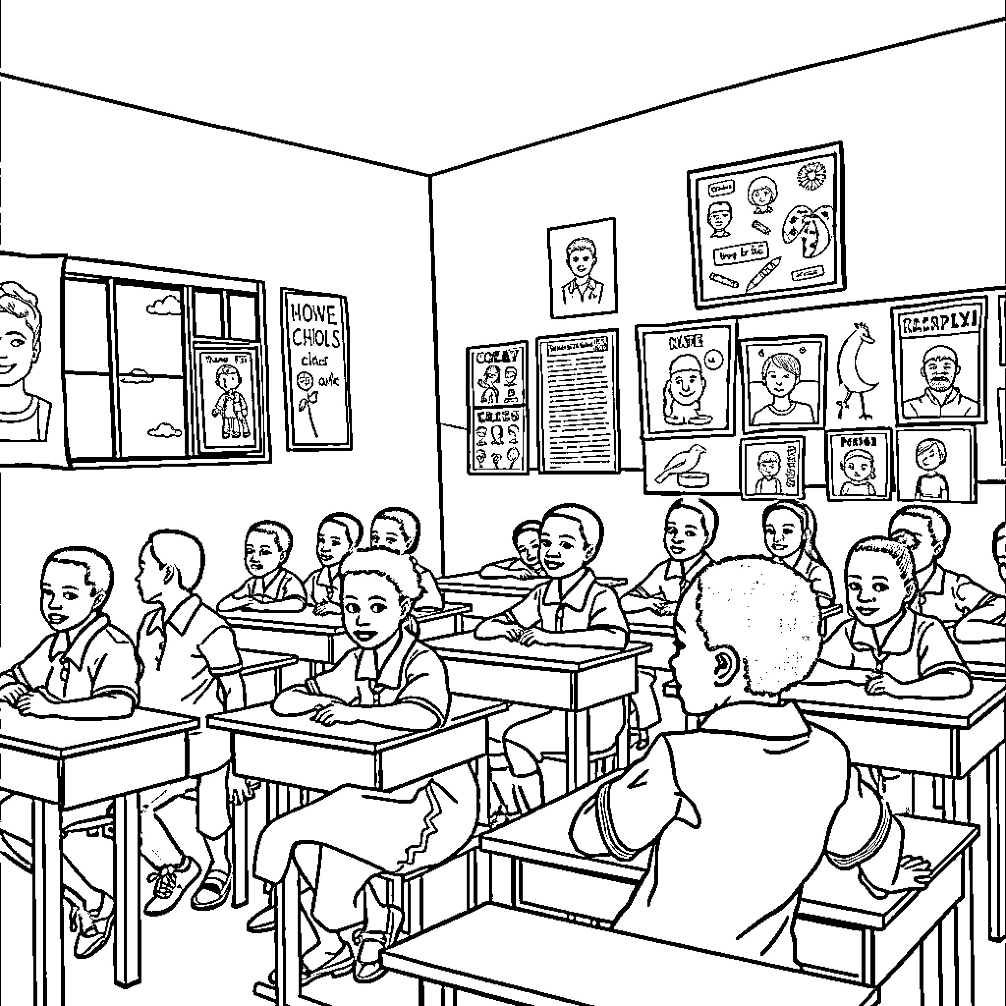 School Classroom with Attentive Students and Wall Decorations Coloring Page (free black-and-white line drawing printable PDF for all, from beginners to advanced learners, including children, teens, adults, and seniors)