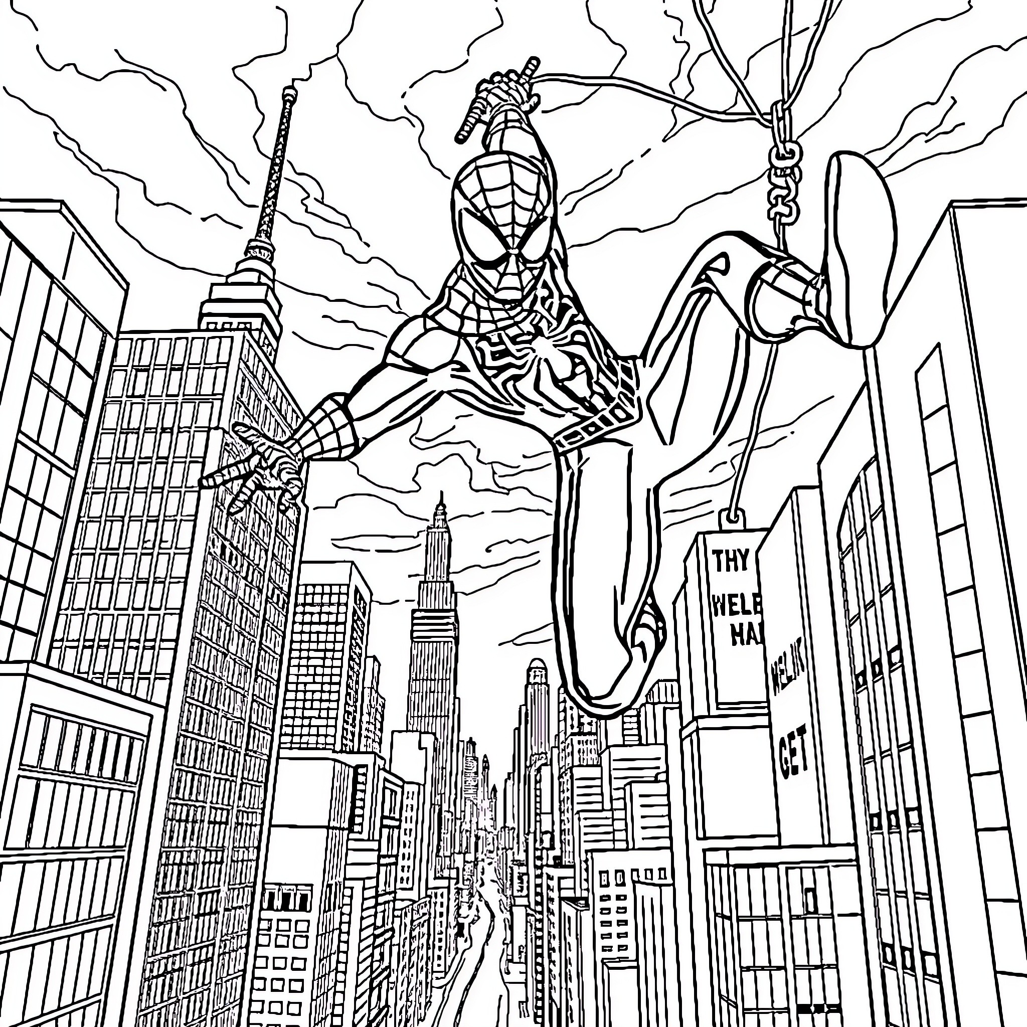 Spiderman swinging through the city in action pose Coloring Page (free black-and-white line drawing printable PDF for all, from beginners to advanced learners, including children, teens, adults, and seniors)