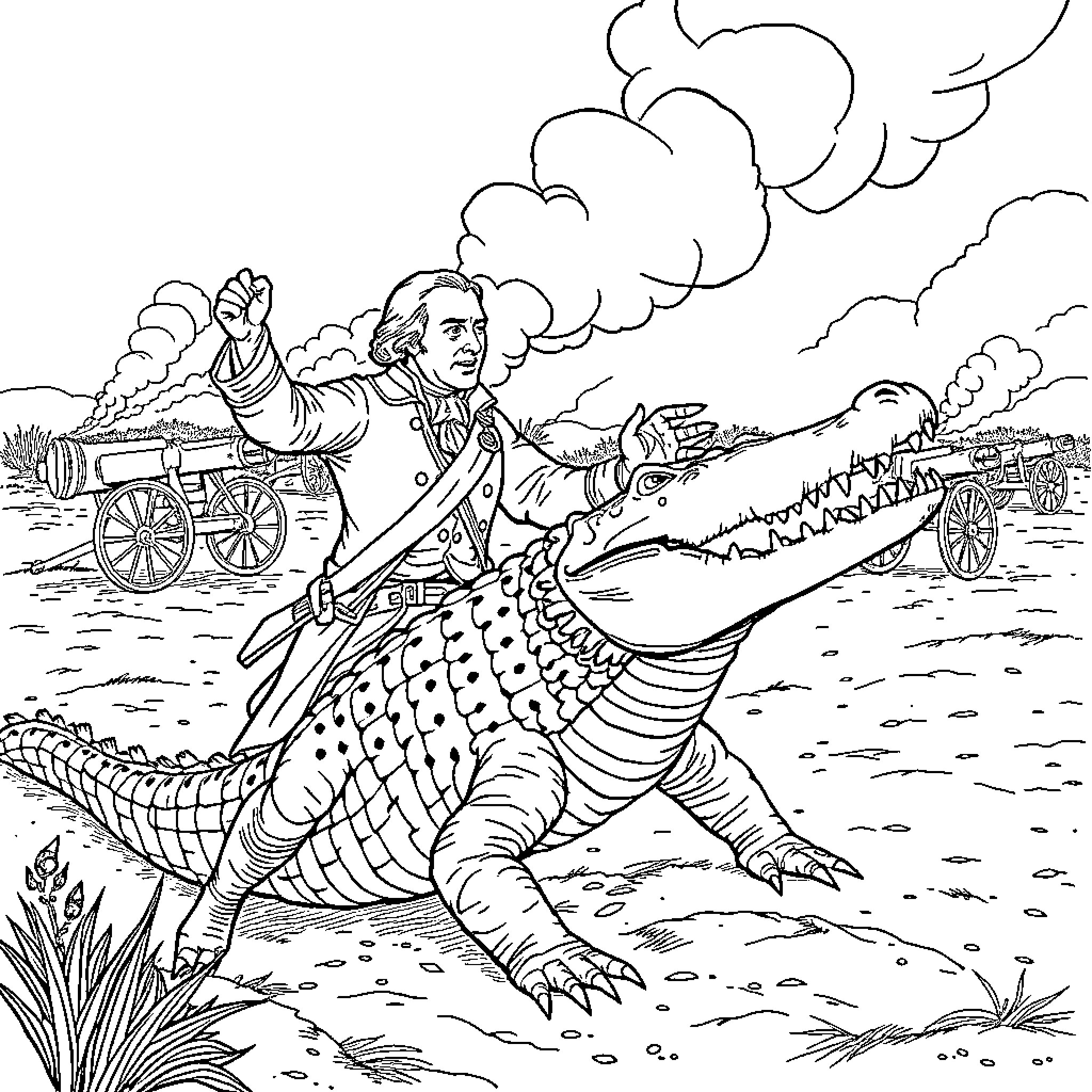 George Washington riding an alligator through a battlefield Coloring Page (free black-and-white line drawing printable PDF for all, from beginners to advanced learners, including children, teens, adults, and seniors)