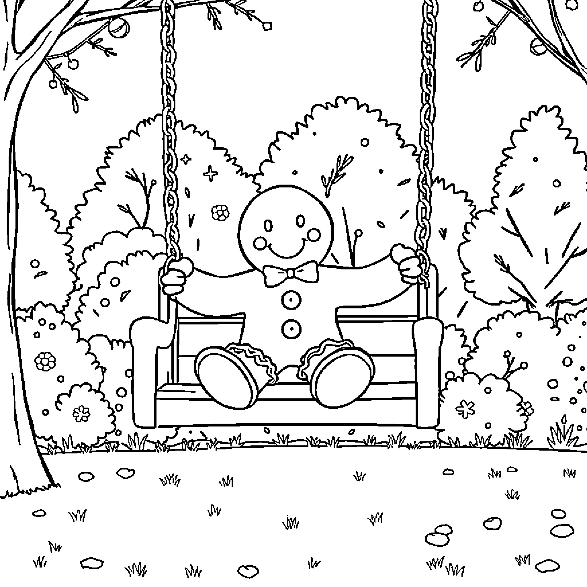 Gingerbread Man swinging happily in the forest Coloring Page (free black-and-white line drawing printable PDF for all, from beginners to advanced learners, including children, teens, adults, and seniors)