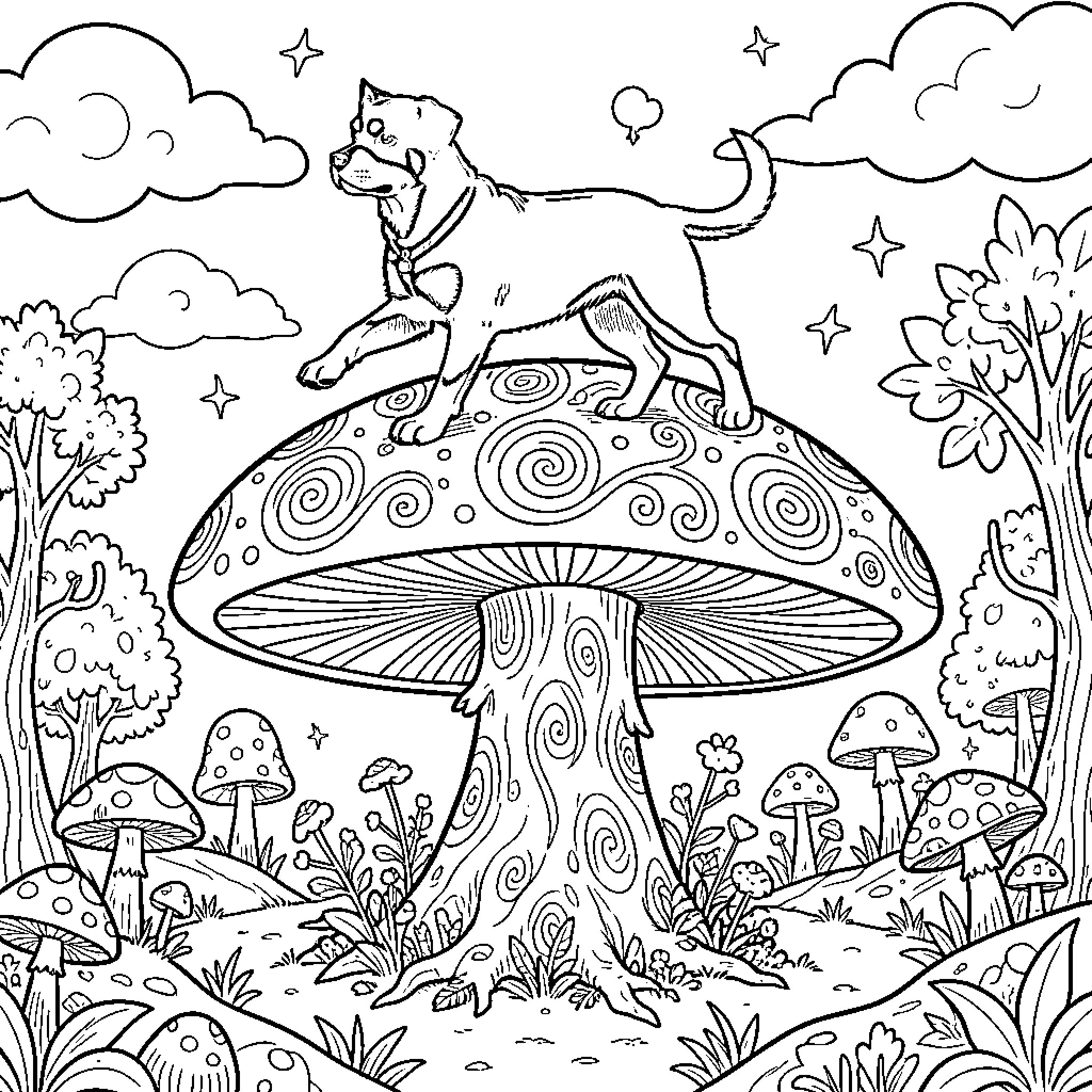 Rottweiler exploring a magical mushroom-filled forest Coloring Page (free black-and-white line drawing printable PDF for all, from beginners to advanced learners, including children, teens, adults, and seniors)